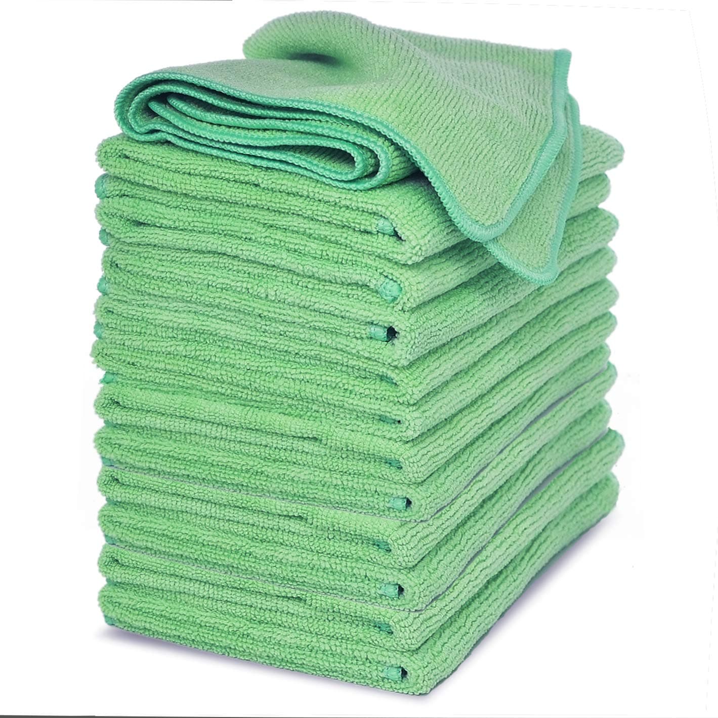 Microfiber Cleaning Cloth, Thick and Large Size 14.2 x14.2 inches, 12-Pack, Green, Microfiber Cloth, Cars, Glass, Window, Dish Cloths, Machine Washable, Reusable, Lint-Free