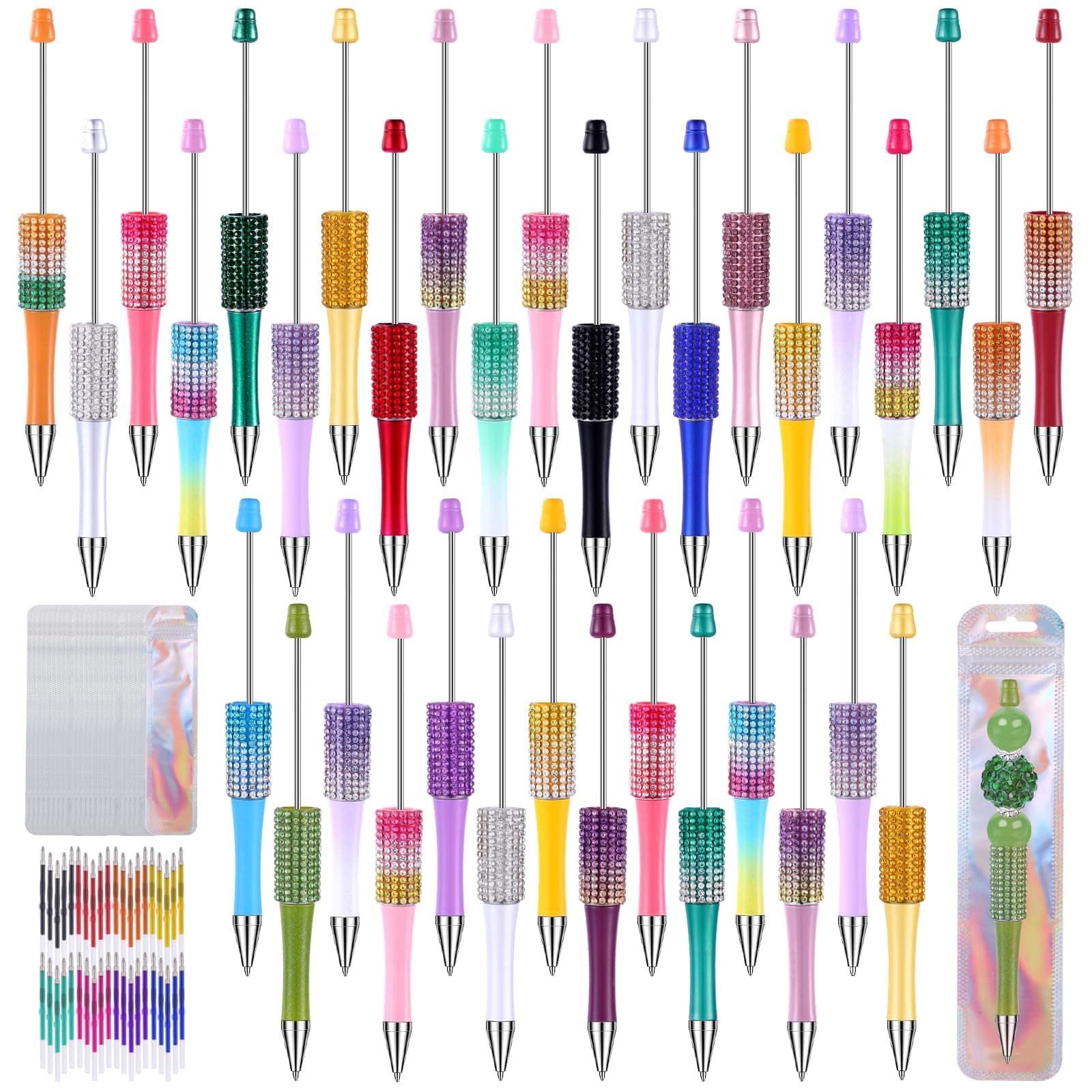 90 Pcs DIY Diamond Beadable Pen Kit Multicolor Bulk Ballpoint DIY Crafting Pens with 8 Colors Refills & Bags for Students Teachers School Office Accessories Supplies