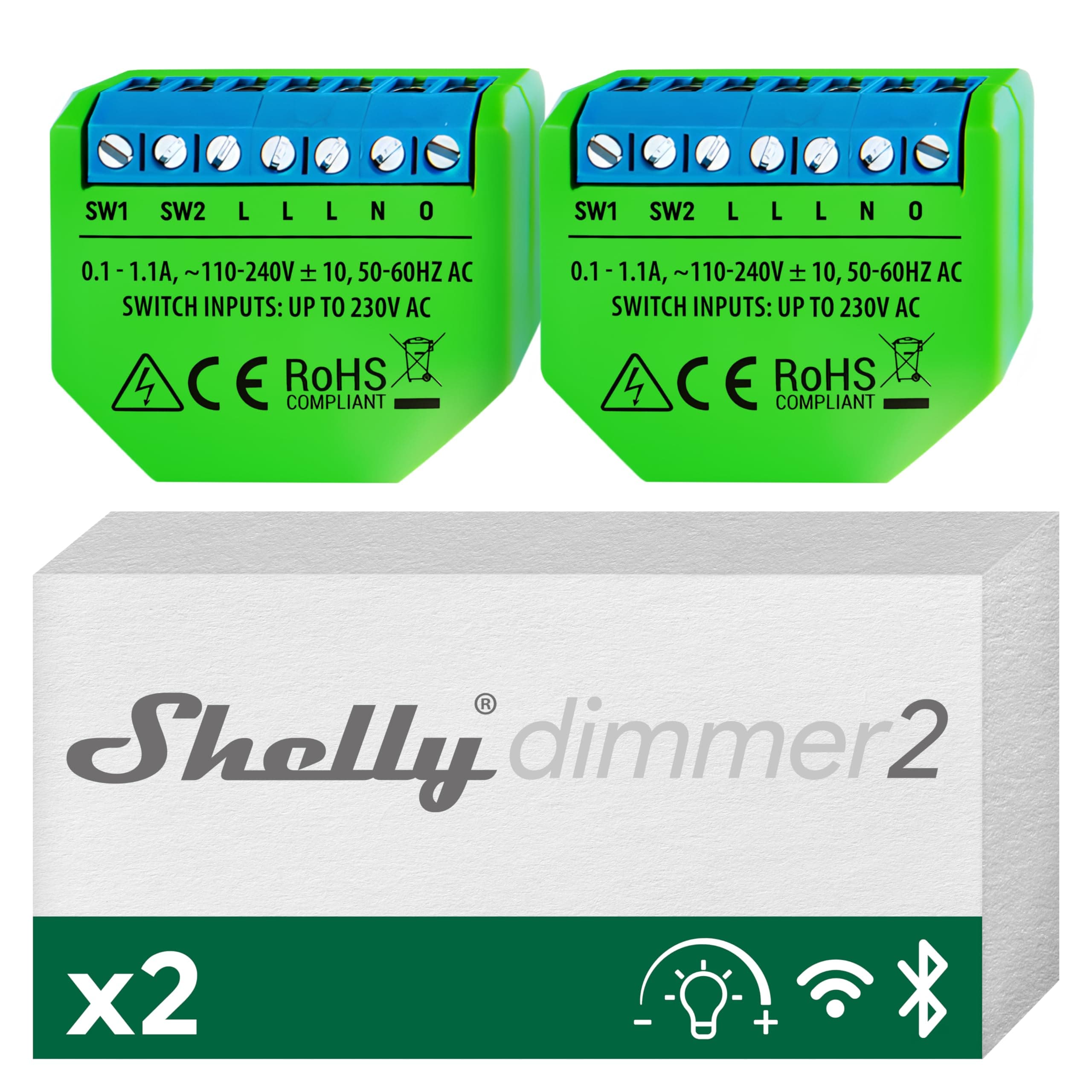 Shelly Dimmer 2, WiFi Smart Dimmer Switch, No Neutral Wire, Home Automation, Compatible with Alexa & Google Home, iOS Android App, No Hub Required, Wireless Switch, Dimmable Lights (2 Pack)