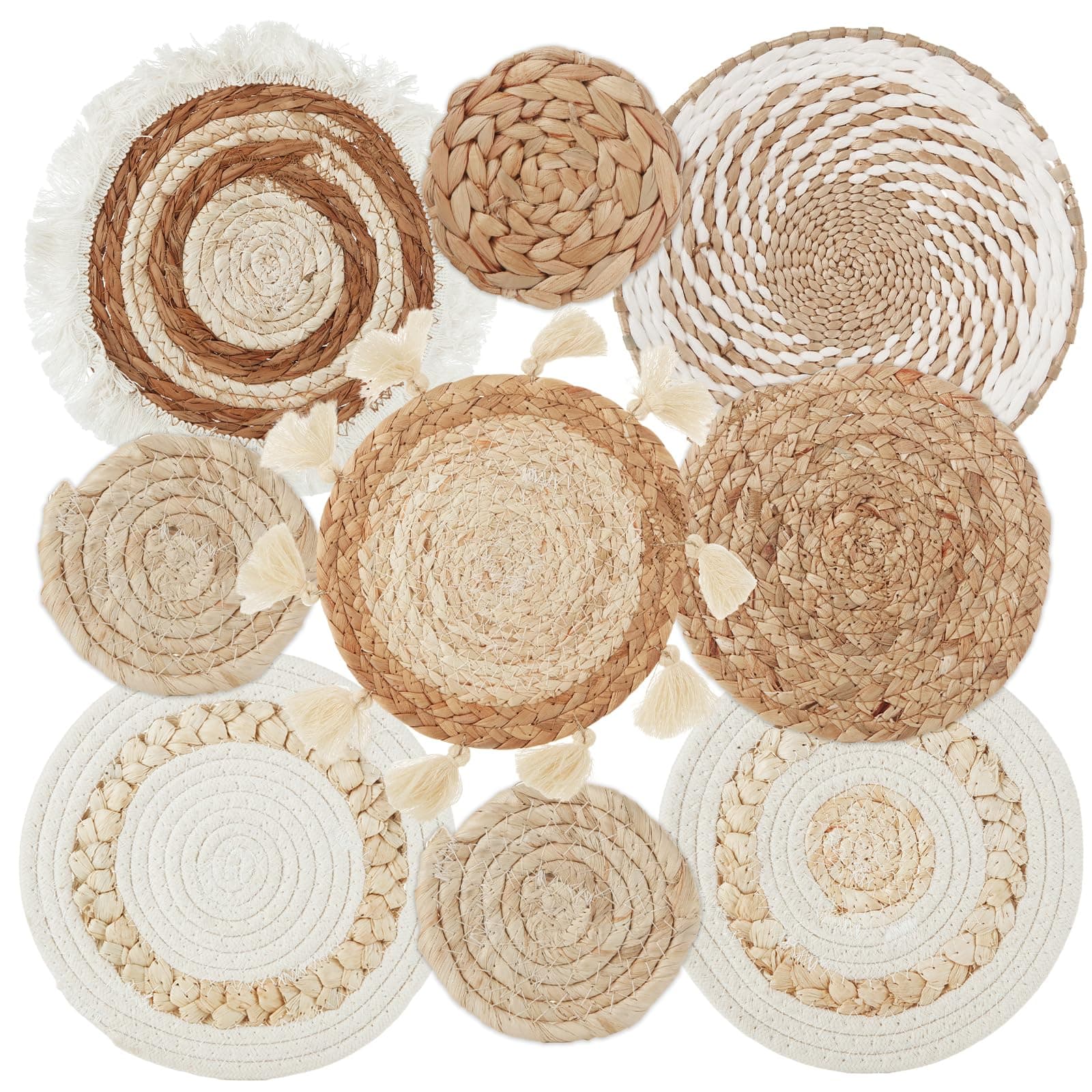 MIVIDE 9 Pack Boho Wall Basket Set, Hanging Woven Basket Wall Decor, Seagrass Rattan Wicker Wall Basket Decor, Round Wall Decor Art for Bedrooms Living Rooms Farmhouse Kitchen Table