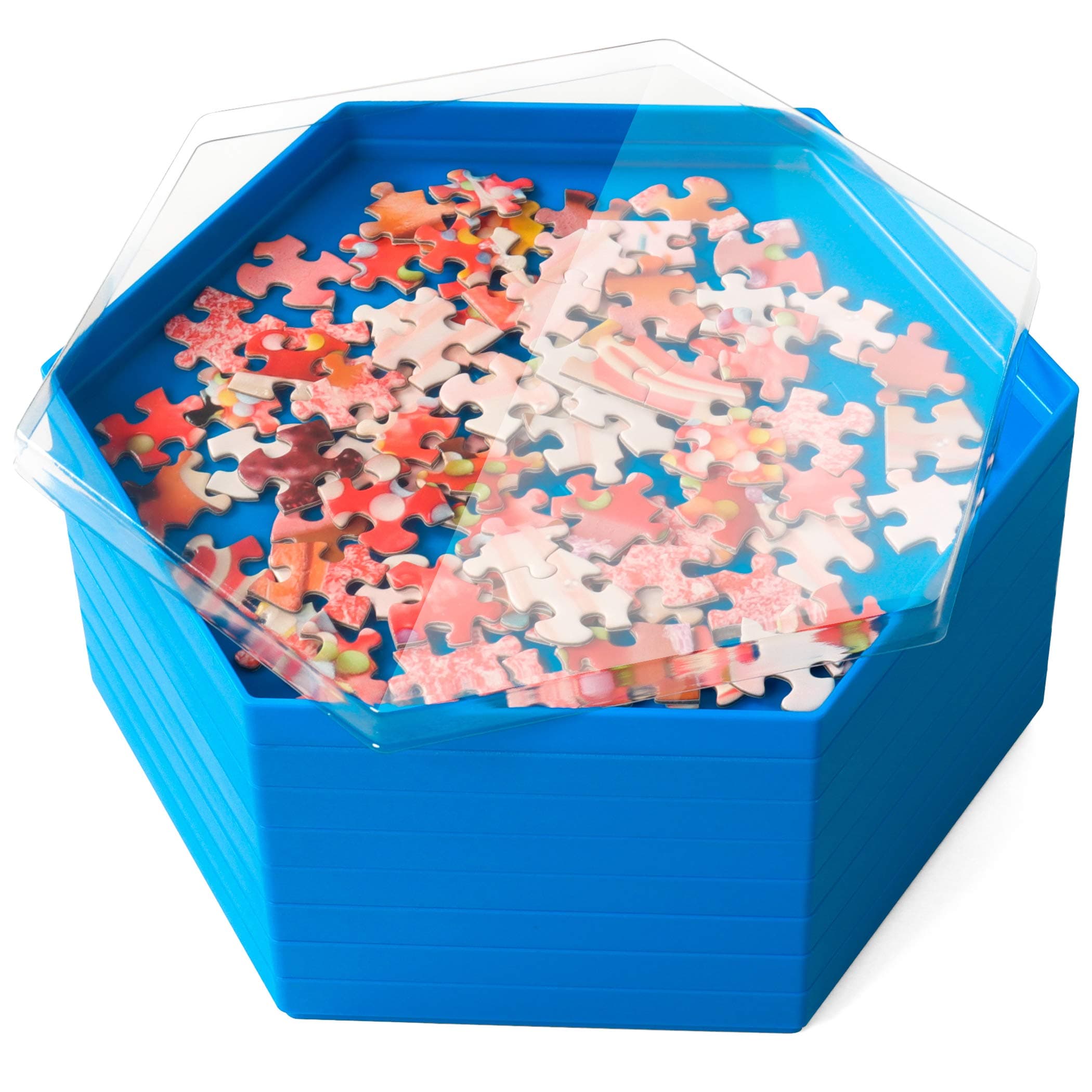 Becko Stackable Puzzle Sorting Trays Jigsaw Puzzle Sorters with Lid Puzzle Accessory for Puzzles Up to 1500 Pieces, 8 Hexagonal Trays (Blue)
