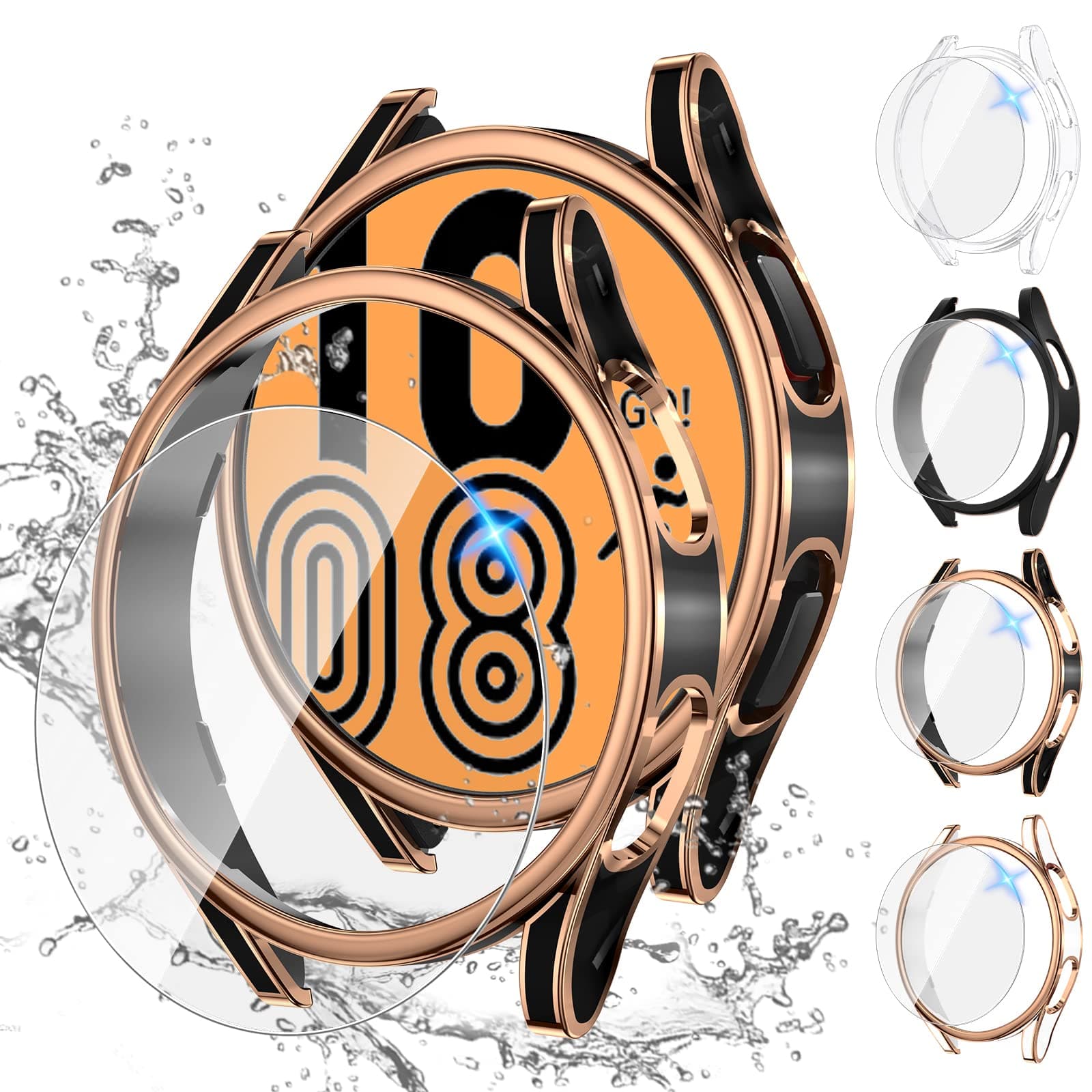 Tensea [4+4Pack] for Samsung Galaxy Watch 4 Screen Protector and Case 40mm, Anti-Fog Tempered Glass Protective Film & Hard PC Bumper, Face Cover Set, Clear/Black/Black-Rose Gold/White-Rose Gold