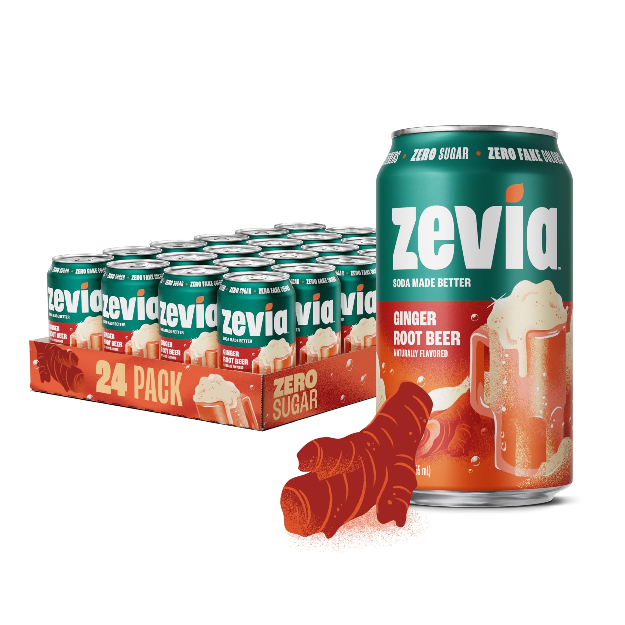 - Zevia Zero Sugar Soda, Ginger Root Beer, 12 oz Cans (24-Pack) – Naturally Sweetened, Zero Calorie Sugar Free Soda - Non-GMO Project Verified, Gluten-Free, Vegan