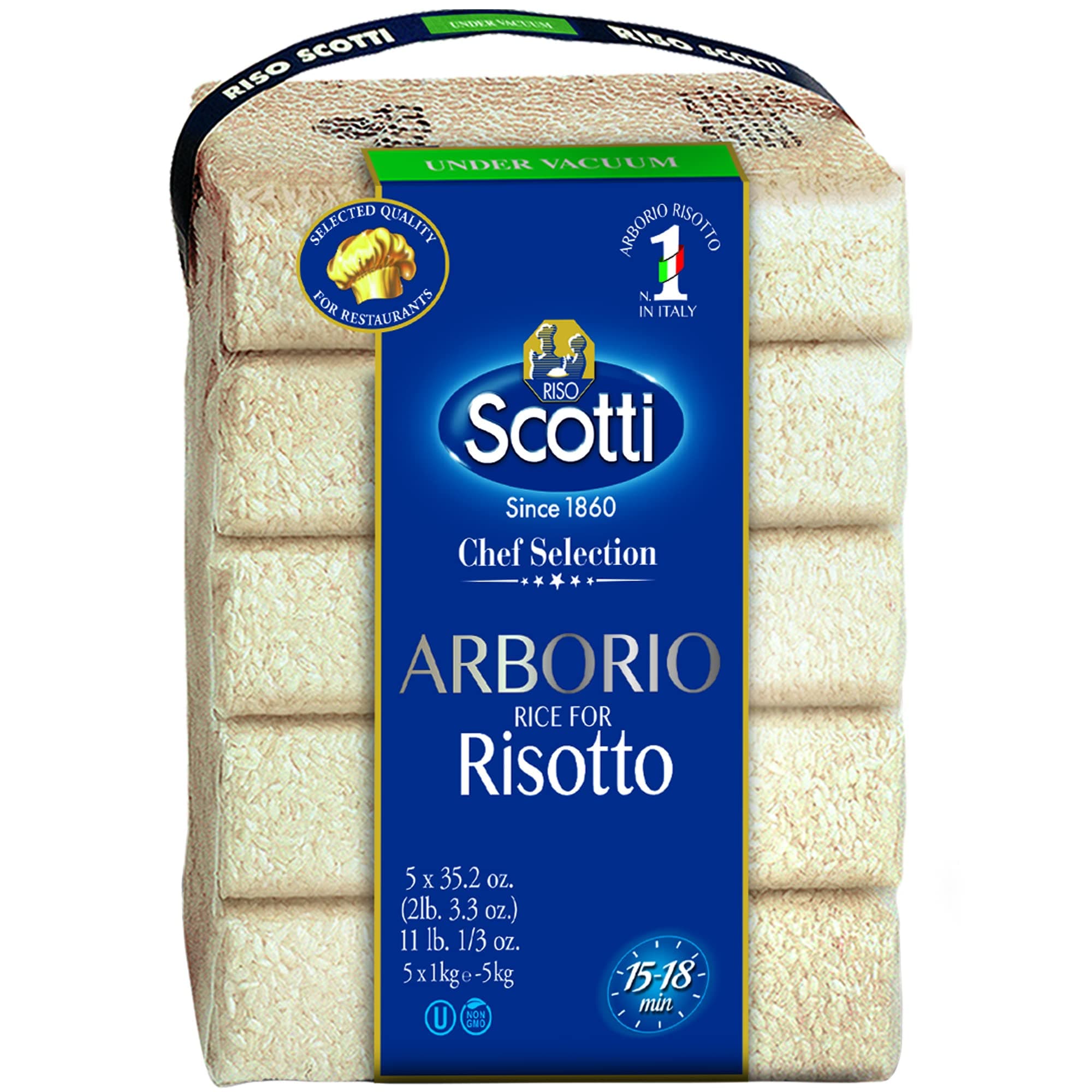 - Arborio Rice for Risotto, 11 lbs (5x1 kg) Product of Italy, Chef Selection, Gluten Free, Non-GMO, Vacuumed Packed