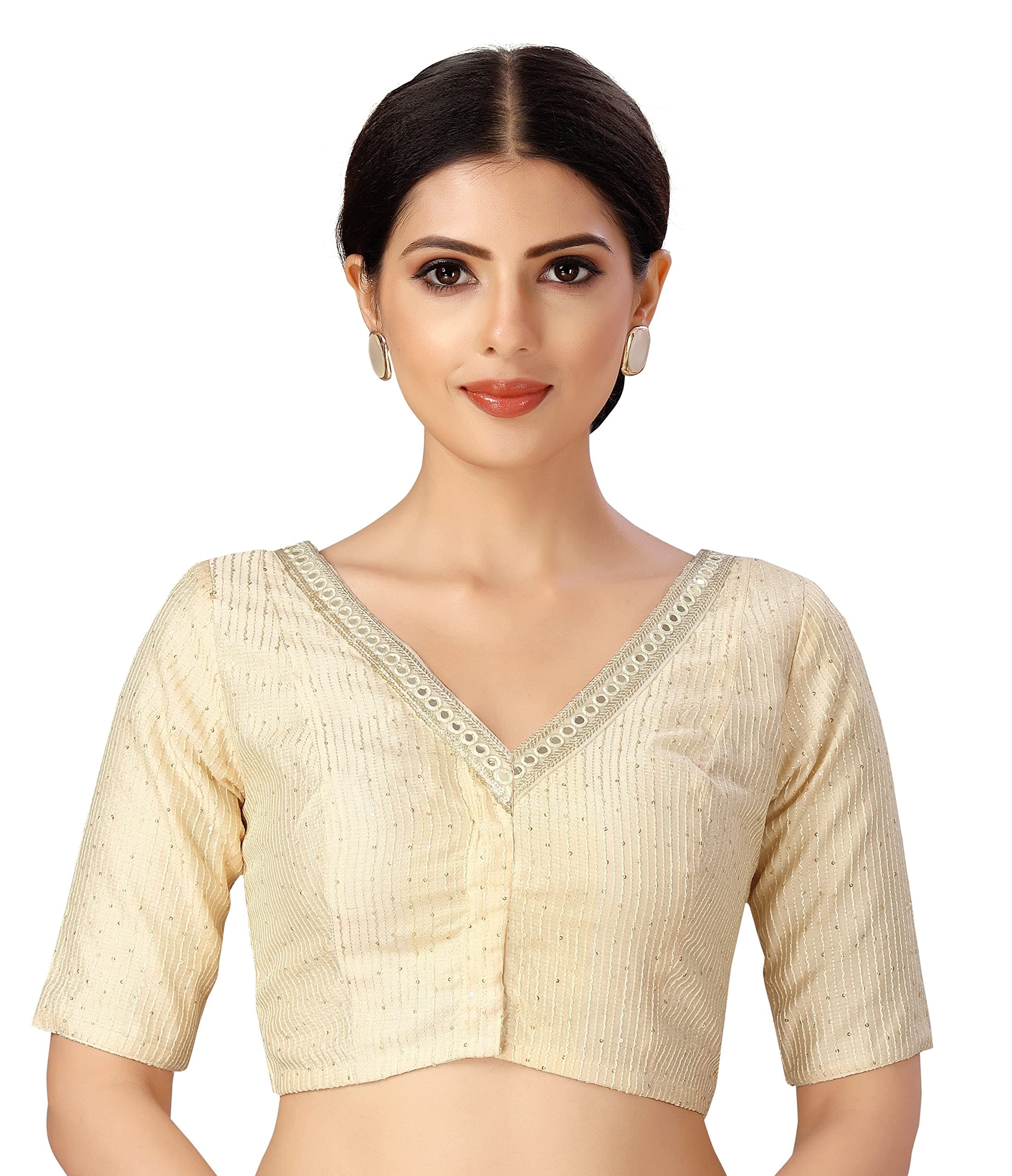 Studio Shringaar Women's Readymade Polyester Elbow Length Sleeves Saree Blouse with Mirror Work
