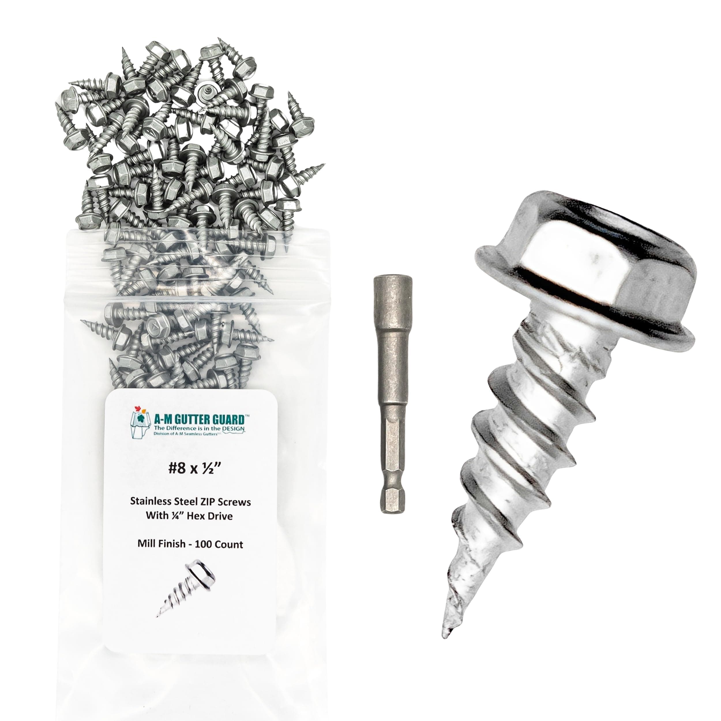 A-M Gutter Guard - 1/2" #8 Stainless Steel Zip Screws - Self-Piercing Xtra Sharp Tip - Mill Finish - 1/4" Hex Washer Head –100 Pack-Includes 1/4" Magnetic Hex Driver – for Gutter Install