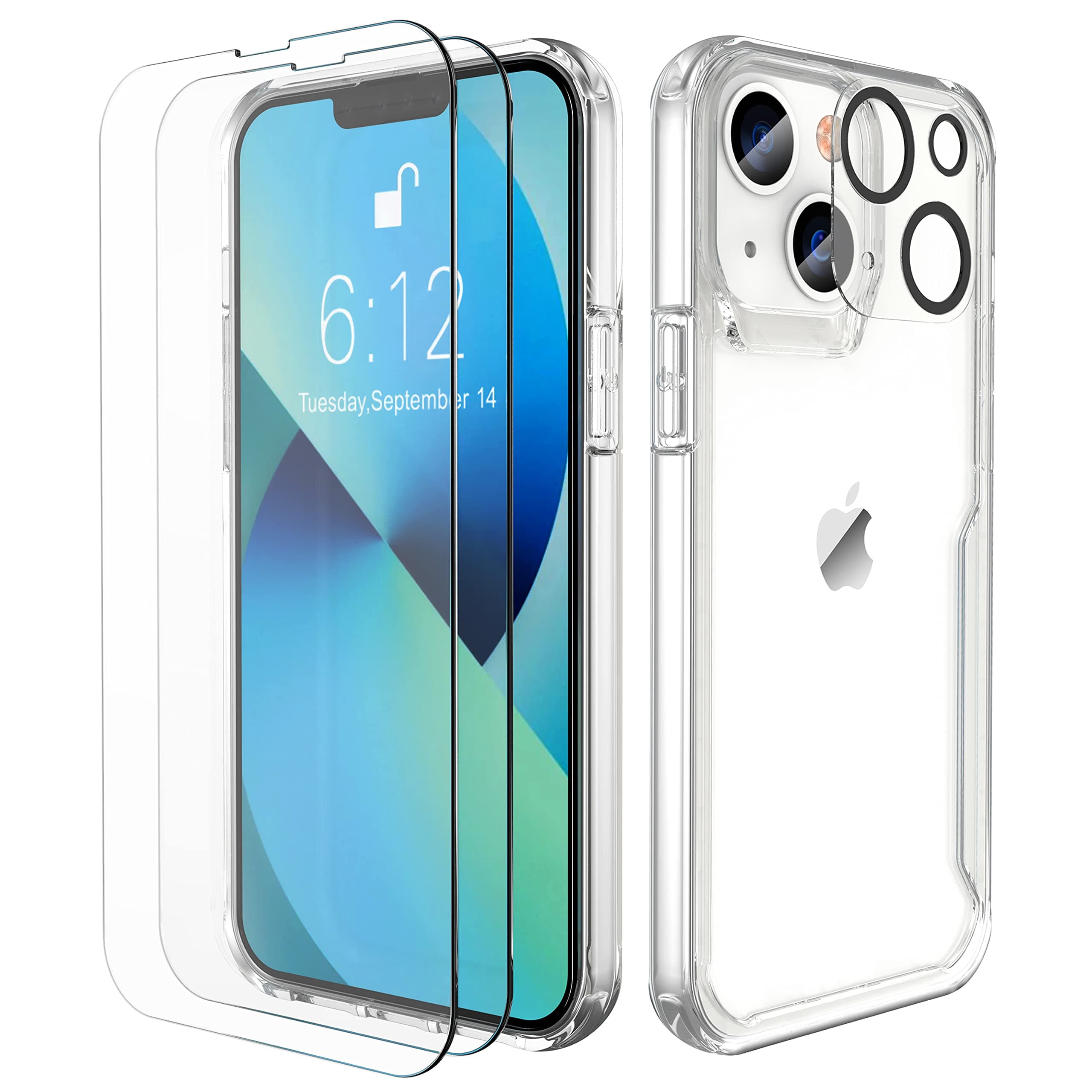 ORETECHCompatible with iPhone 13 Case Clear, with [2x Tempered Glass Screen Protector & Camera Lens Protector]Shockproof Ultra Thin TPU PC Hybrid Transparent Bumper Case for iPhone 13 6.1 inch-Clear