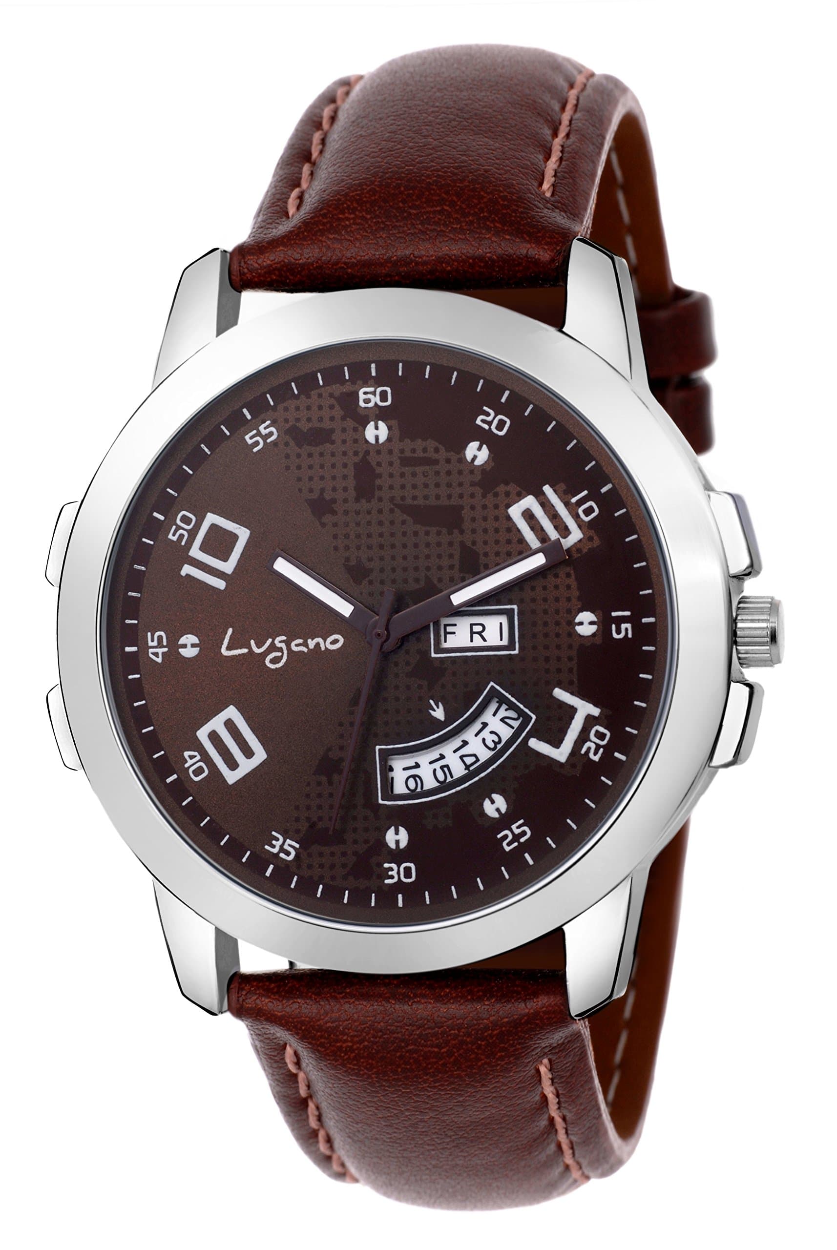 Lugano Stylish Brown Dial Day & Date Functioning and Shining Brown Strap Watch for Men/Boy (LG 1107)