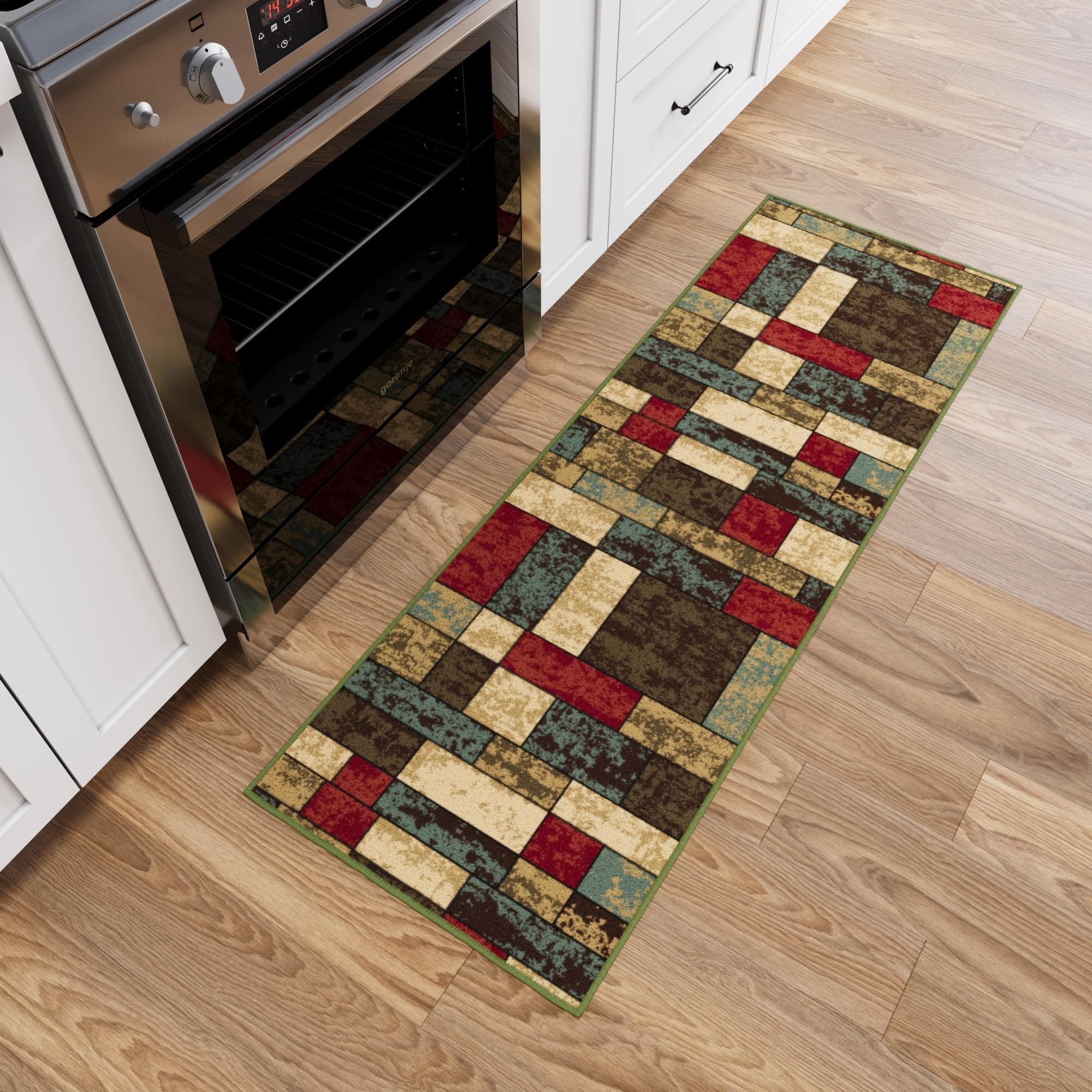 Machine Washable Boxes Design Non-Slip Rubberback 2x5 Traditional Runner Rug for Hallway, Kitchen, Bedroom, Entryway, 20" x 59", Multicolor