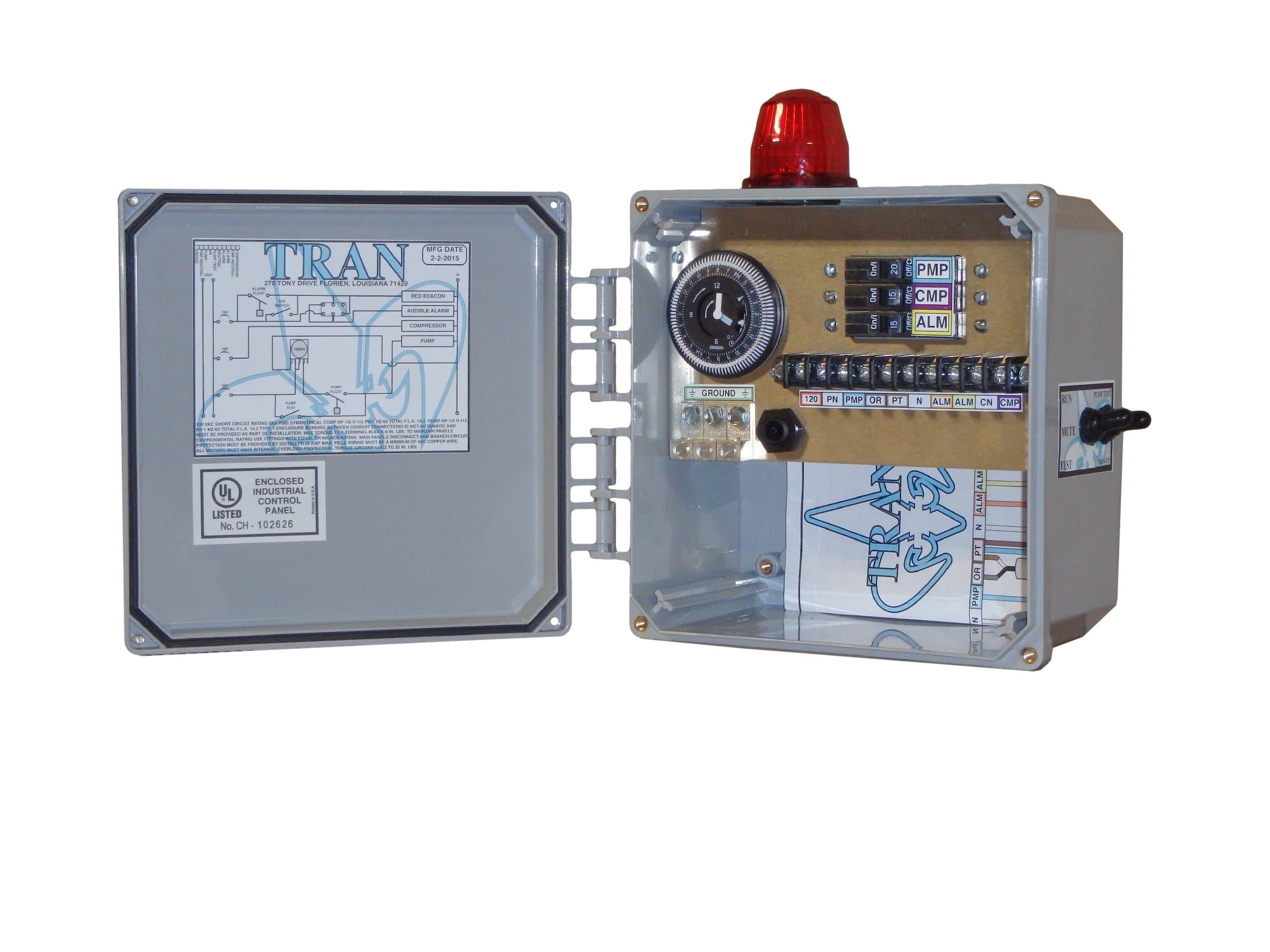 Tran-T2 Aerobic Septic Control Panel With Timer - With Pressure Sensor 3 BreakerQ