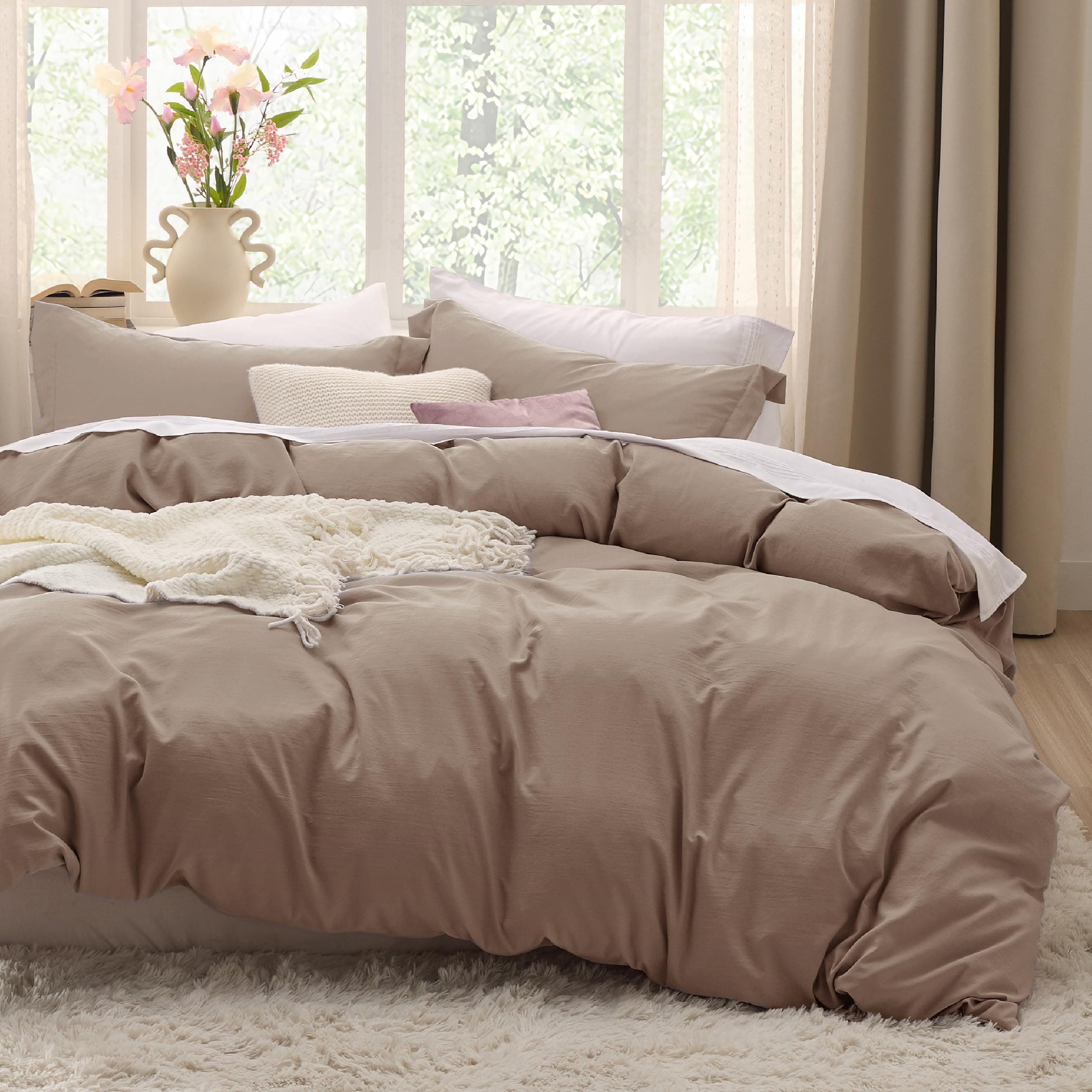 Khaki Duvet Cover Full Size - 3 Pieces Prewashed Extra Soft Cotton-Like Polyester Bedding Set, Includes 1 Duvet Cover 80x90 Inches with Zipper Closure & 2 Pillow Shams, Comforter Not Included