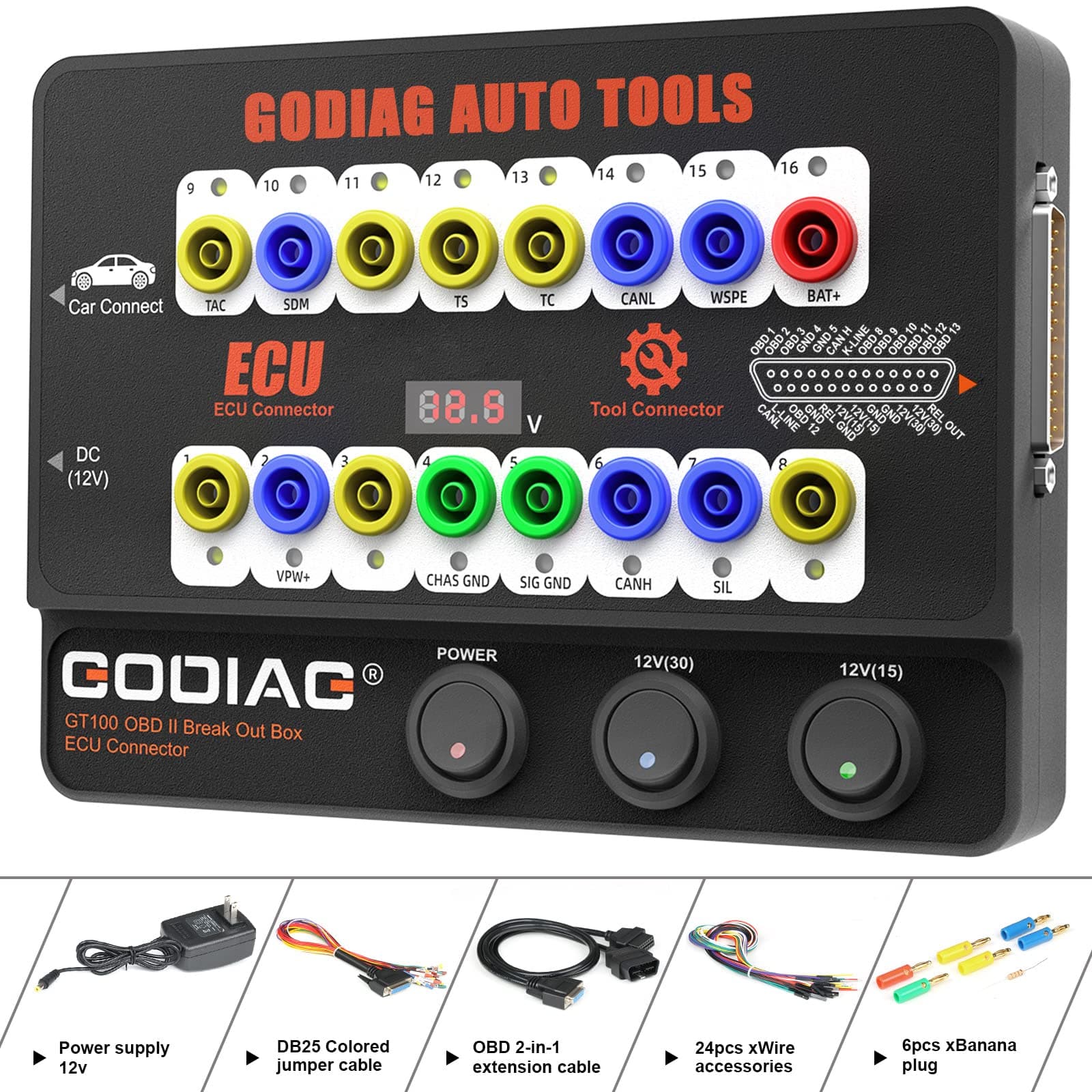 GODIAG OBD2 Breakout Box, GT100 OBD2 Protocol Detector With Voltage Display, 16PIN ECU Connector with OBD Main Line & Multi-Function Jumper for Vehicle ECU Maintenance/Diagnosis/Programming/Coding