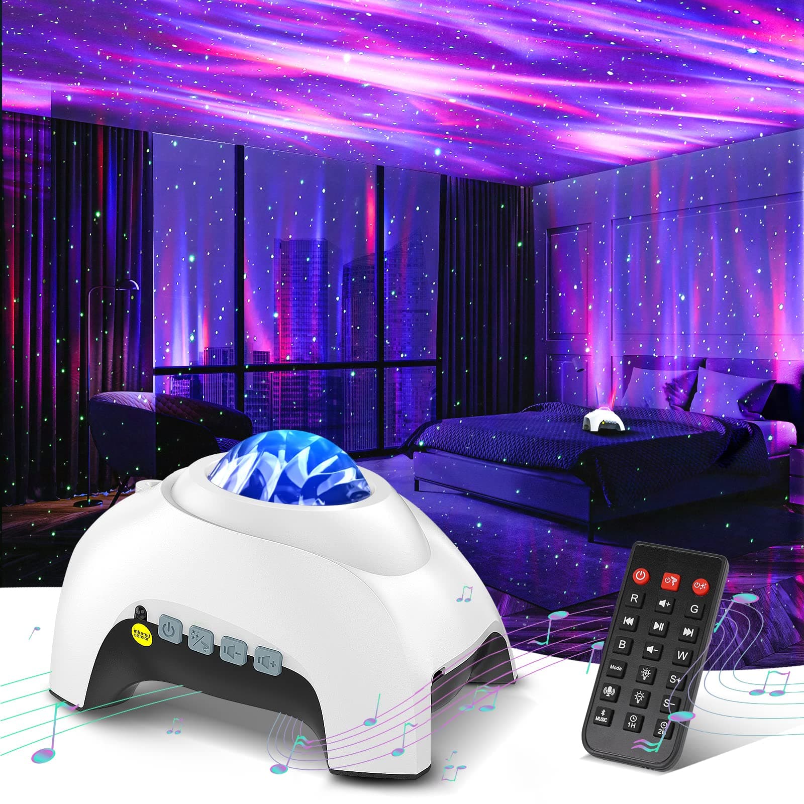 Northern Galaxy Light Aurora Projector with 33 Light Effects, Night Lights LED Star Projector for Bedroom Nebula Lamp, Remote Control, White Noises, Bluetooth Speaker for Parties(White)