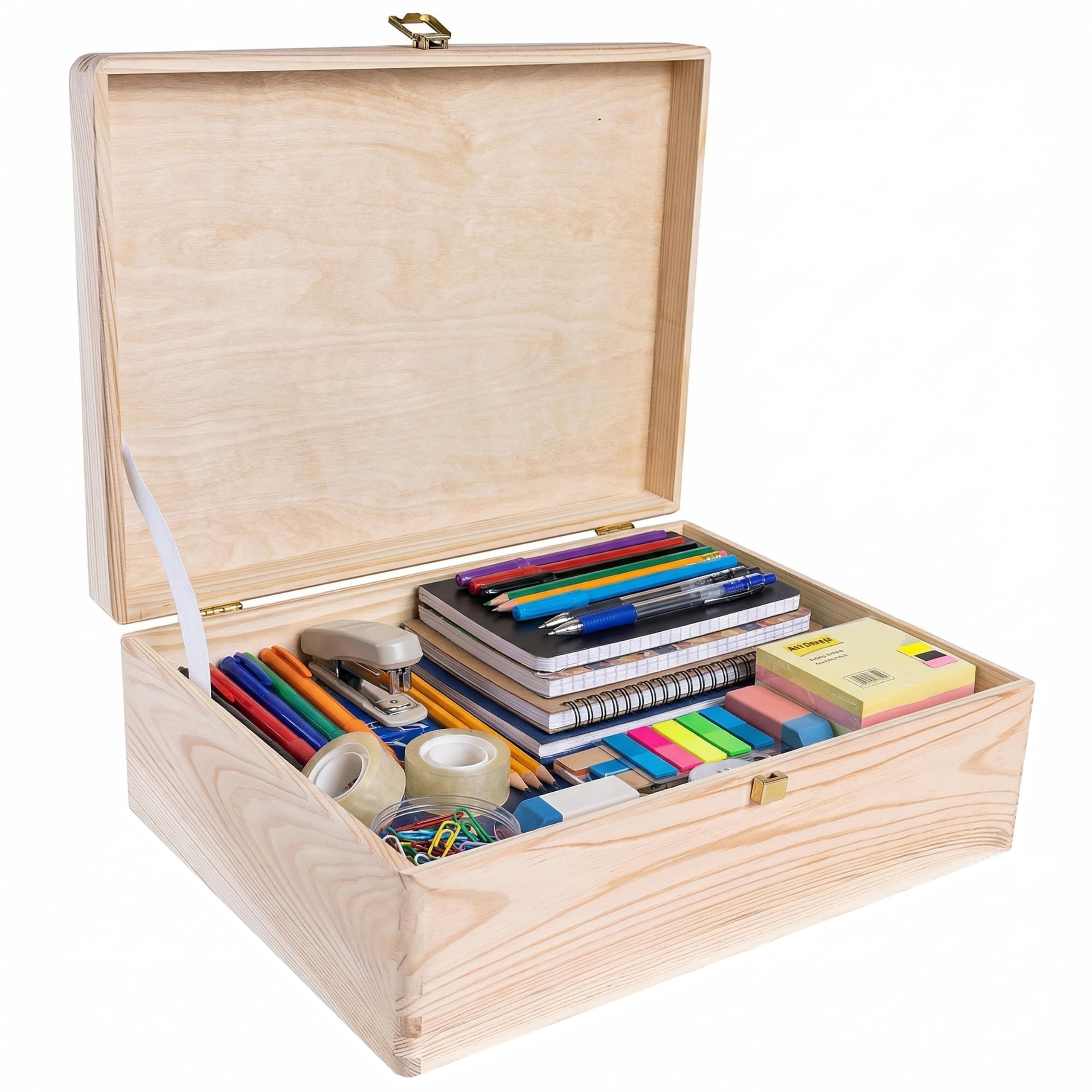 XL Large Plain Wooden Storage Box | 40 x 30 x 14 cm (+/-1 cm) | with Lock & Hinged Lid | Unpainted Gift Easter Box | ROUGH UNSANDED Wood Keepsake Memory Craft Chest