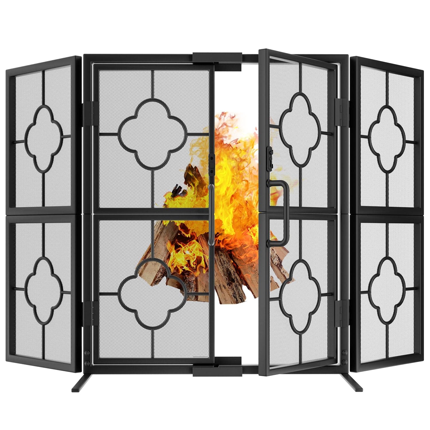 Amagabeli 3 Panel Fireplace Screen with Doors 48" W x 28" H Foldable Wrought Iron Heavy Duty Metal Modern Decorative Fireplace Spark Guard Cover Handcrafted Solid Mesh Stand Alone Screen for Fire