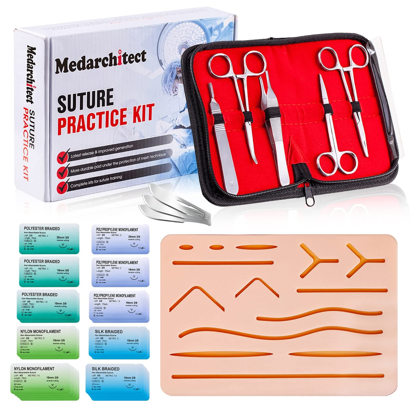 Suture Practice Kit (30 Pieces) for Medical Student Suture Training, Include Upgrade Suture Pad with 14 Pre-Cut Wounds, Suture Tools, Suture Thread & Needle (Educational Use Only)