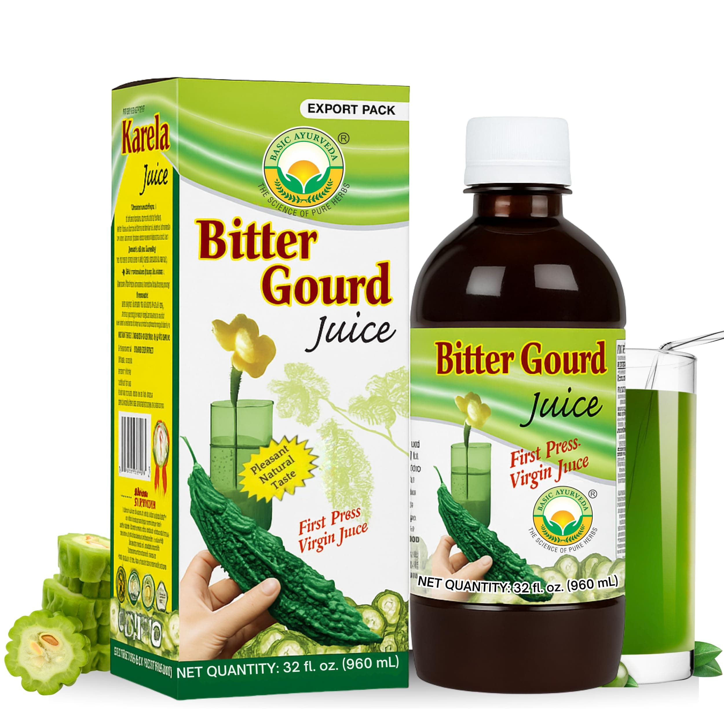 Basic Ayurveda Bitter Gourd (Karela) Juice | 32.46 Fl Oz (960ml) | Natural Bitter Melon Juice for Detox Support | Plant Based Ayurvedic Herbal Drink | for Liver Health, Digestion & Immunity
