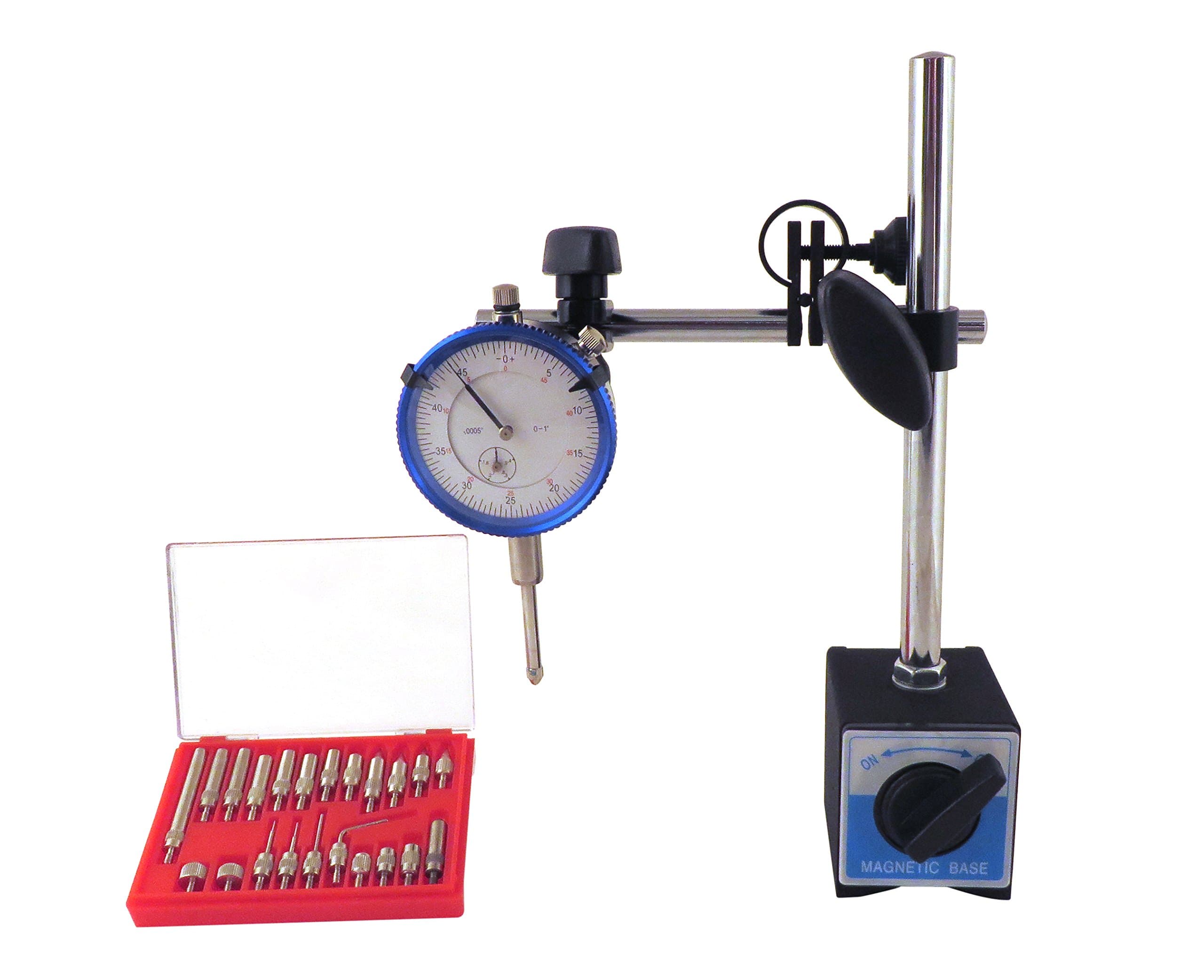 Magnetic Base with Fine Adjustment & SAE Dial Test Indicator & 22 Piece Anvile Point Set with 0.0005: Resolution (Half a Thousandth), 1" Travel, Accuracy 0.001" per 1" Mag Base MBDIAP
