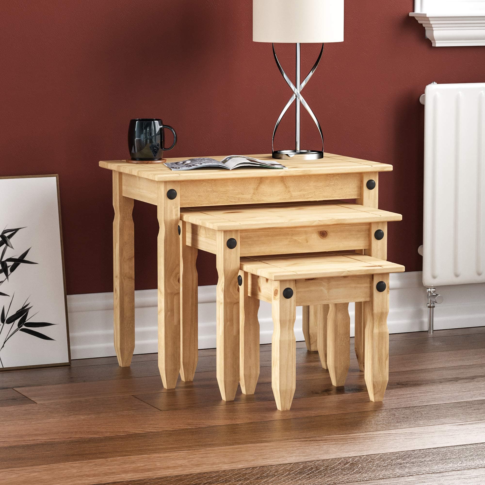 Vida Designs Nest Of Tables, End Table, Rectangular, Waxed Solid Pine Wood, Traditional, Rustic, 28.5 x 60 x 50