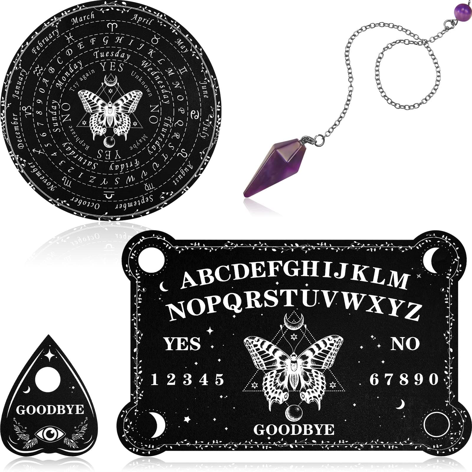 Threan Pendulum Dowsing Divination Board With Amethyst Set (Message Crystal Necklace) Wooden Talking Planchette For Wiccan Supplies Butterfly Style-8 Yrs & Up Kids