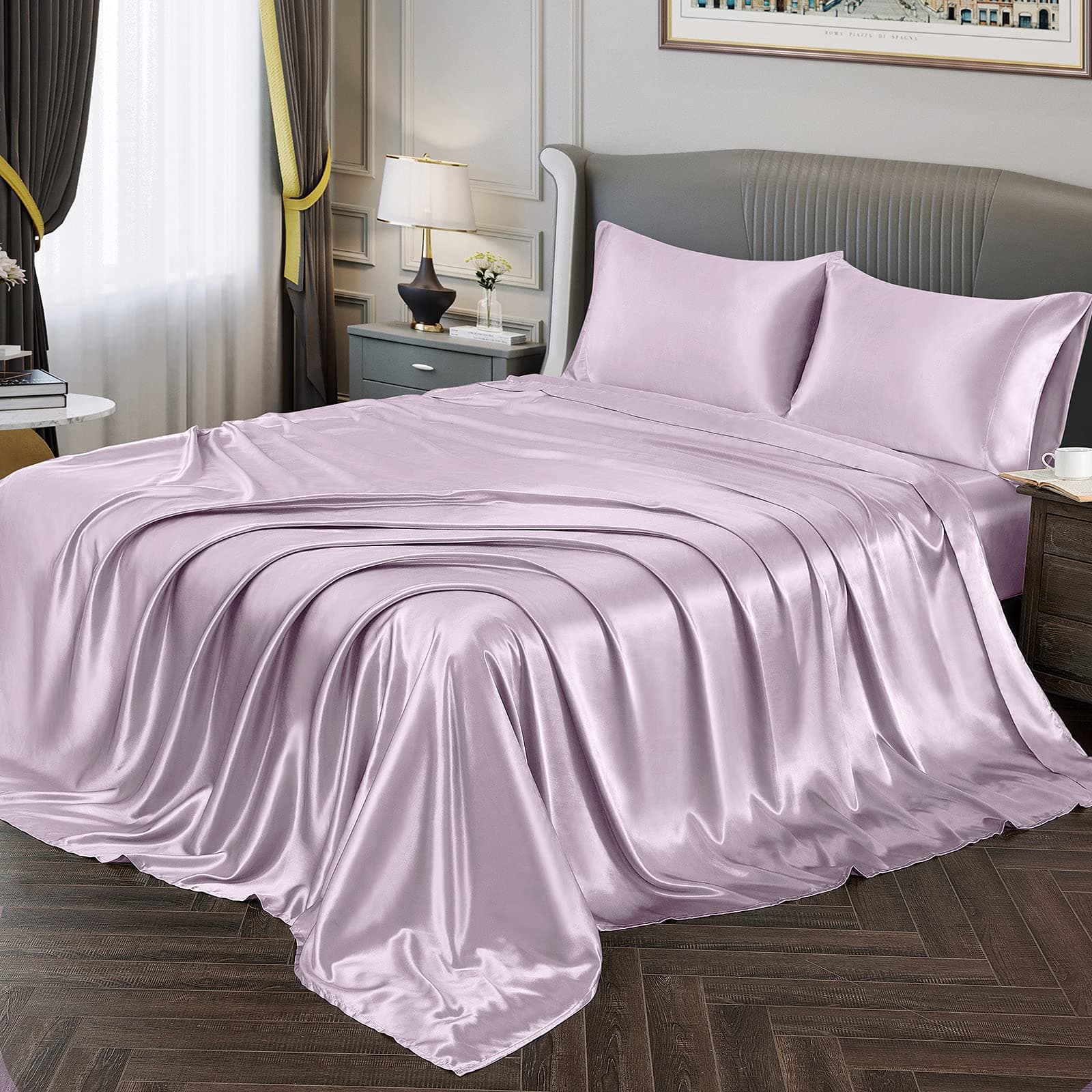 Vonty Satin Sheets King Size Silky Soft Satin Bed Sheets Luxury Lavender Sheet Set, 1 Deep Pocket Fitted Sheet + 1 Flat Sheet + 2 Pillowcases