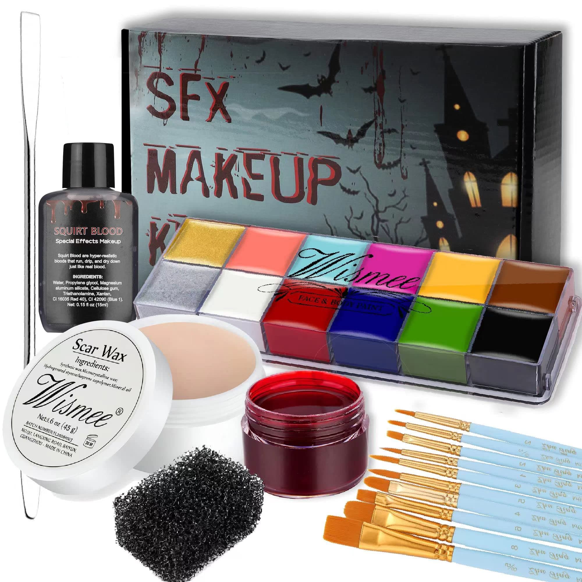 Face Paint Kit Sfx Makeup Special Effects Makeup Kit with Wound Scar Wax, Fake Scab Blood, Makeup Spatula for Halloween Cosplay Makeup Oil Based Professional Face Paint Makeup Palette Set