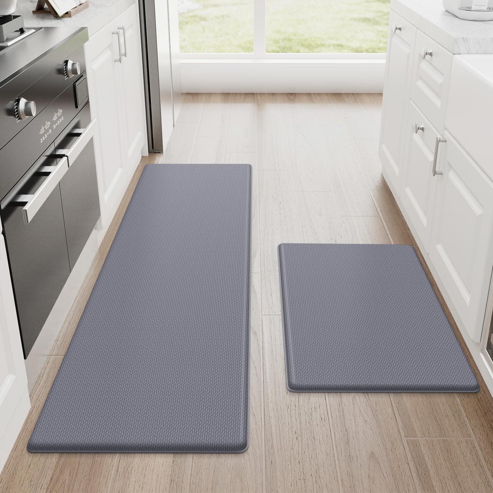 StepRite Kitchen Mats, 2PCS Kitchen Rugs, Cushioned Anti Fatigue Kitchen Mats for Floor, Non-Slip Standing Desk Mat, Waterproof Kitchen Rug Set for Kitchen, Floor, Office, 17.3"x30"+17.3"x47", Grey