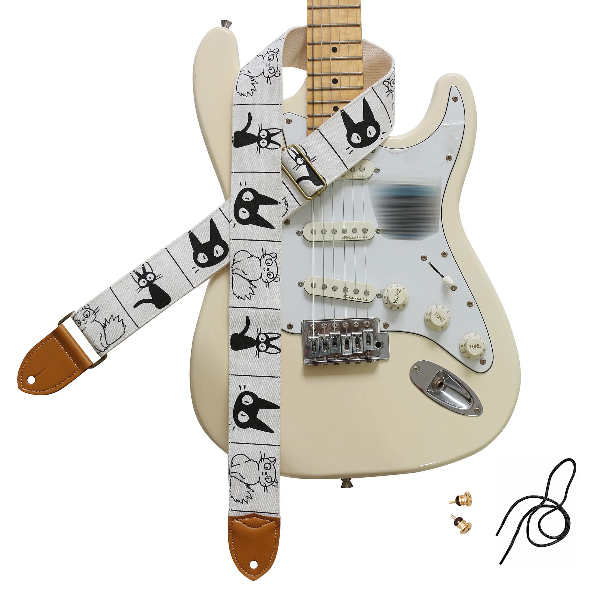 Original Design, 2 inch width (5cm), Cute Comic Cat Soft Cotton Canvas & Genuine Leather Electric Guitar Strap Bass Strap (Comic Cat)