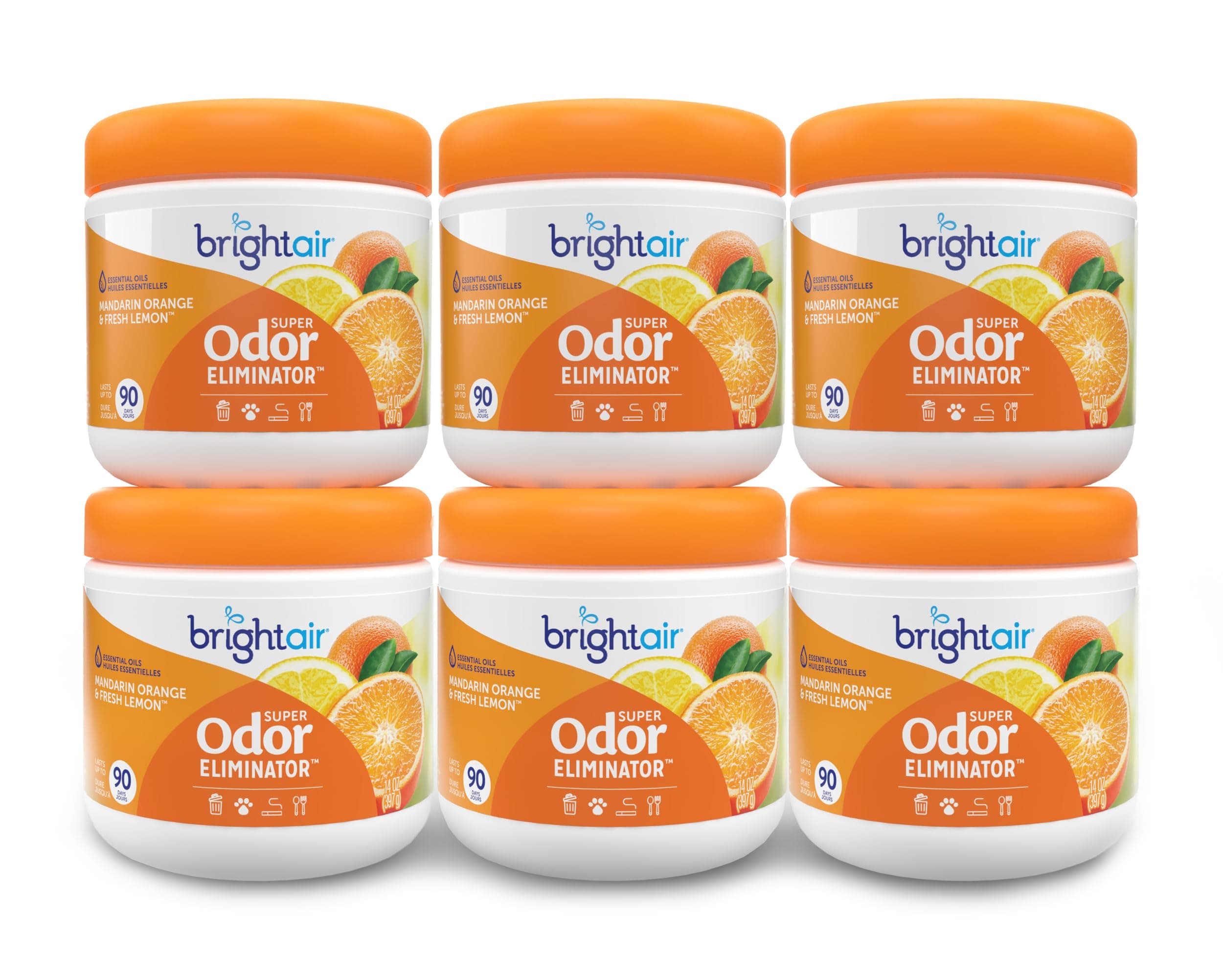 Bright Air 14 oz. Super Odor Eliminator, For Medium-Size Spaces, Mandarin Orange and Fresh Lemon Scent, Case of 6, Air Freshener, Natural Essential Oils, Lasts Up to 90 Days Each