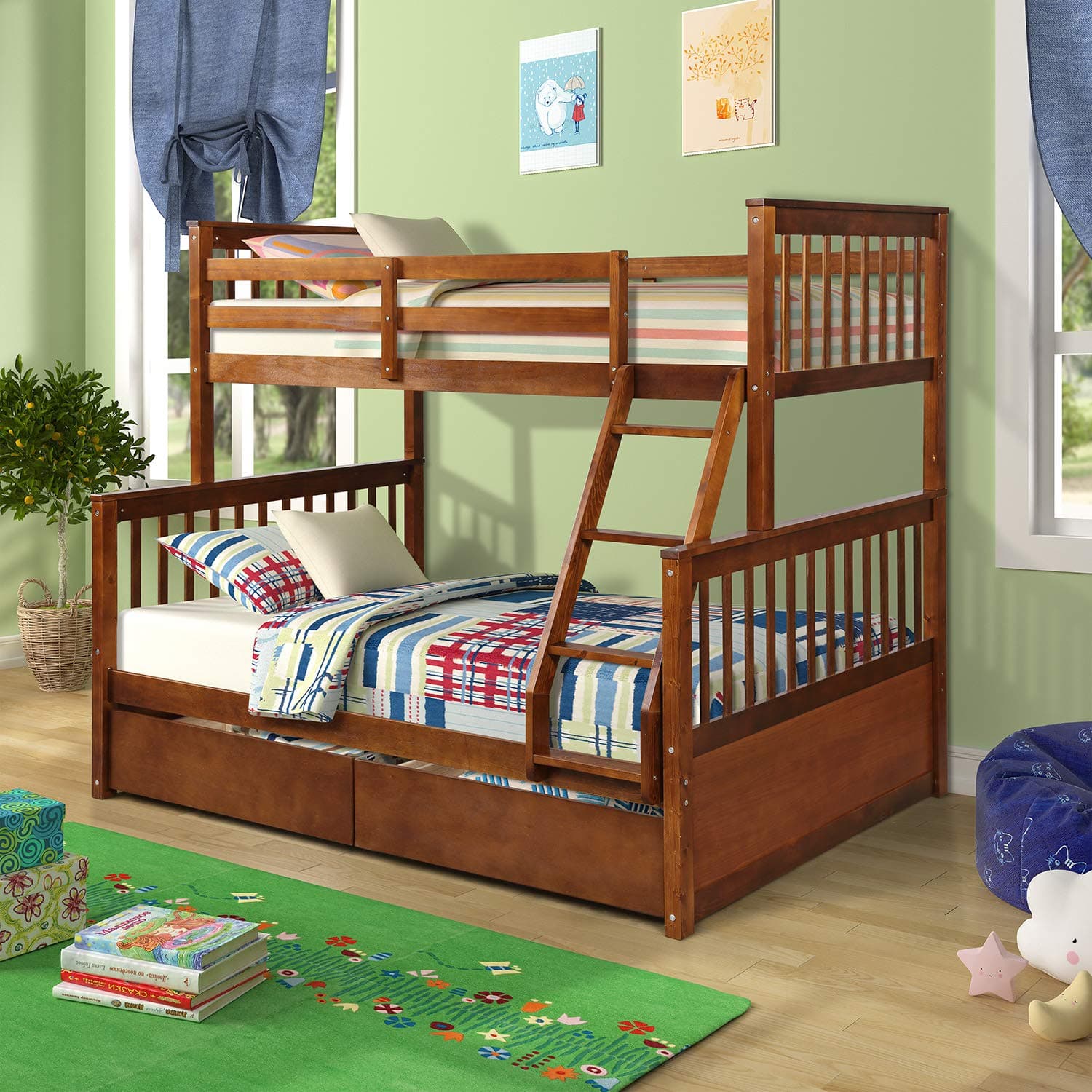 Knocbel Solid Wood Bunk Bed Twin-Over-Full with Ladders, Guard Rail & 2 Storage Drawers (Walnut)