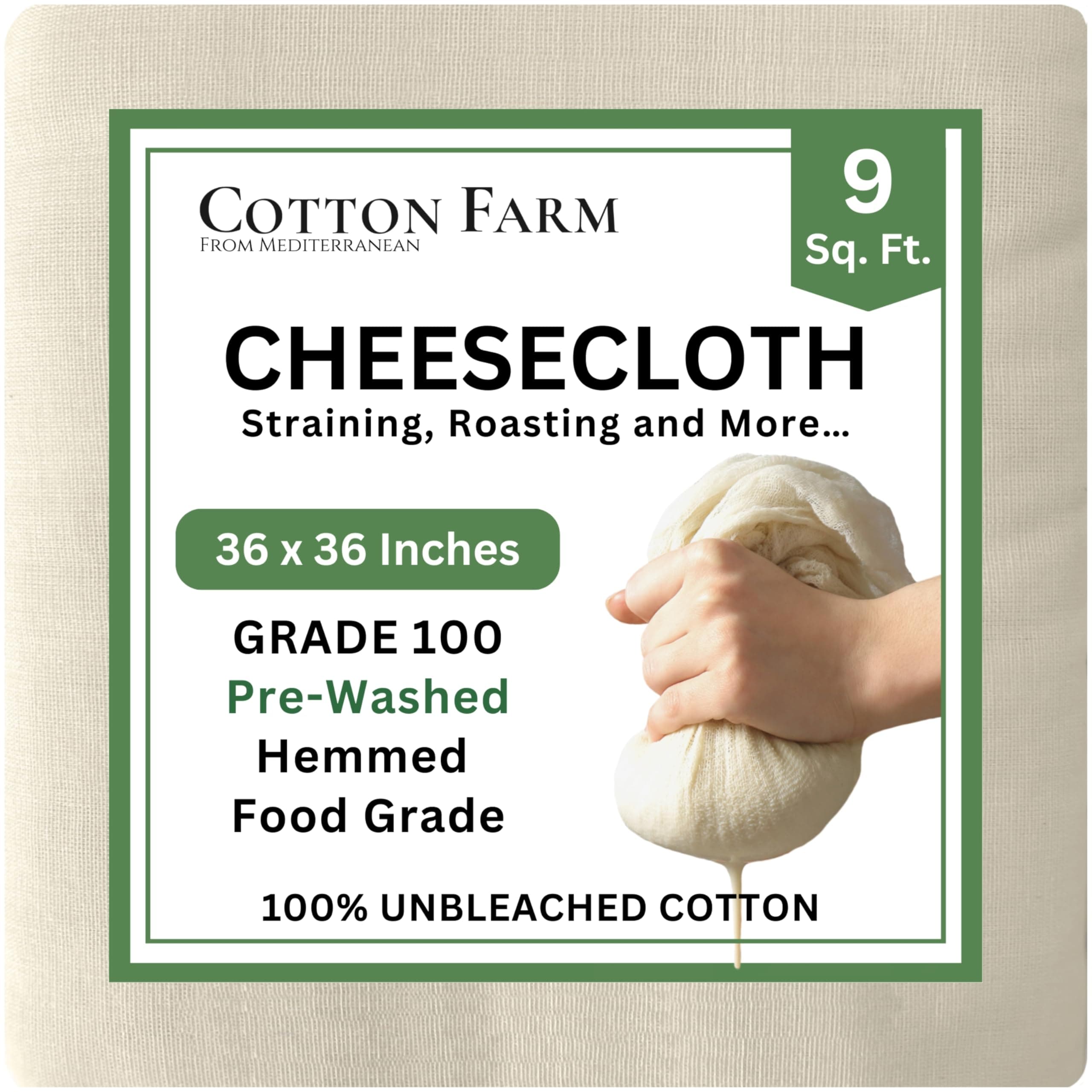 Cotton Farm Grade 100 XL Cheese Cloth for Straining & Cooking; 36x36 Inch; 100% Unbleached Cotton Cheesecloth; Reusable with Finished Edges, Butter Muslin