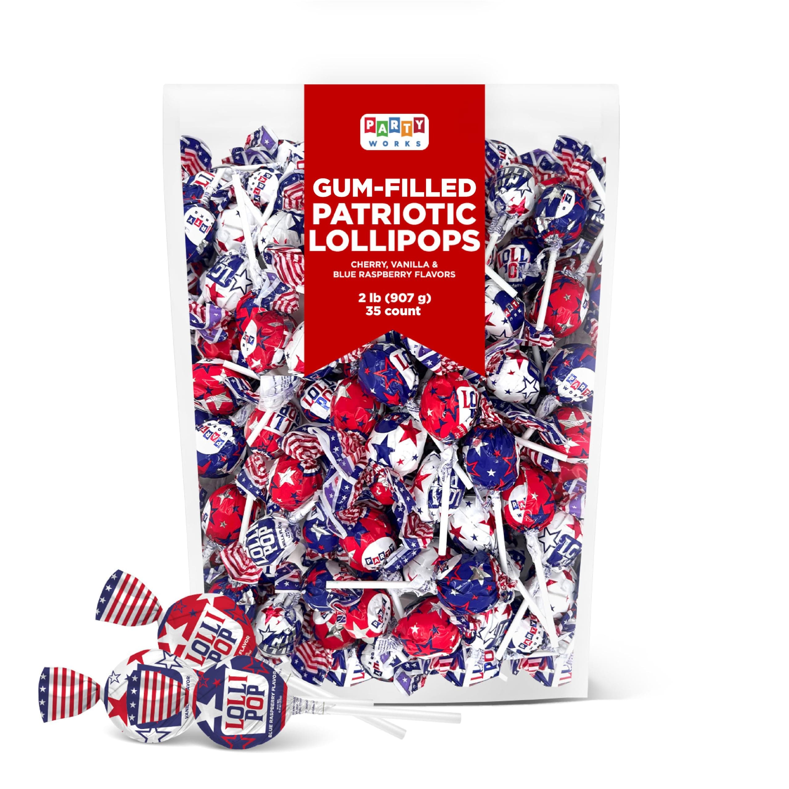 Patriotic Candy - 2 Pound Bulk Pack (35 Count) - 4th of July Lollipops - Red White and Blue Candy - Cherry, Vanilla, Blue Raspberry - Gum Filled Pops