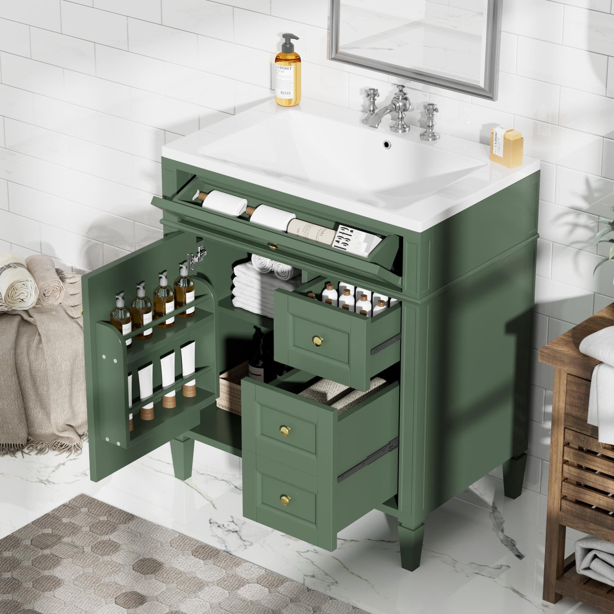 Linique 30" Bathroom Vanity with Sink Combo Set, Solid Wood Frame Bathroom Storage Cabinet with 2 Drawers and a Tip-Out Drawer, Soft Closing Cabinet Door with Organizer, Green