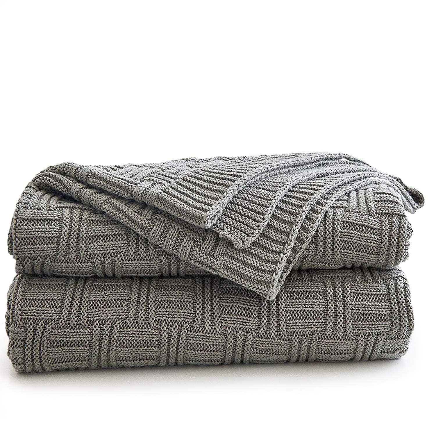 Large Cotton Grey Knit Throw Blanket for Bed Couch Sofa, Home Decorative Soft Lightweight Knitted Blankets, Gray Color 60 x 80 Inch, Oversize Blankets
