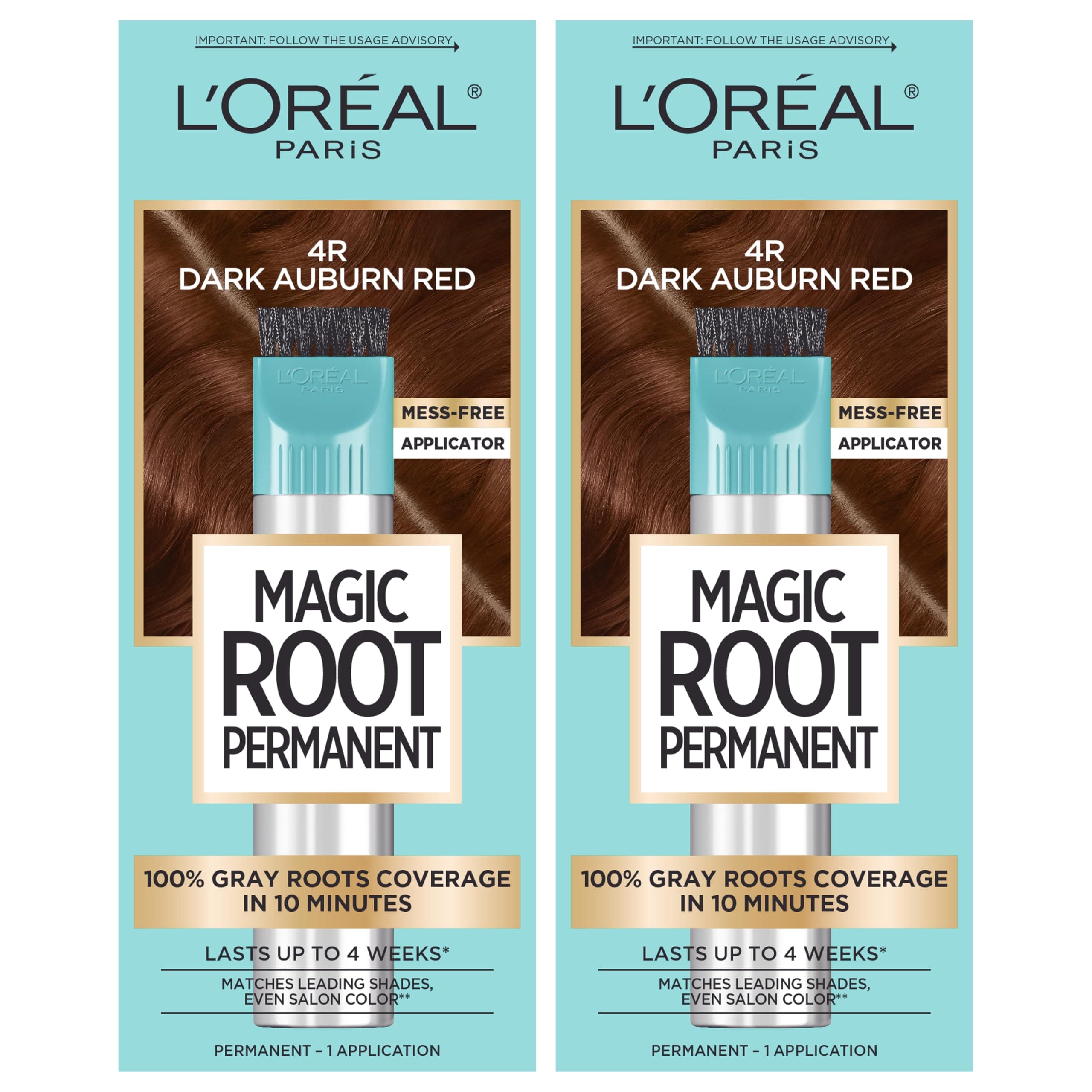L'Oreal Paris Magic Root Rescue 10 Minute Root Hair Coloring Kit, Permanent Hair Color with Quick Precision Applicator, 100% Gray Coverage, 4R Dark Auburn, 2 count