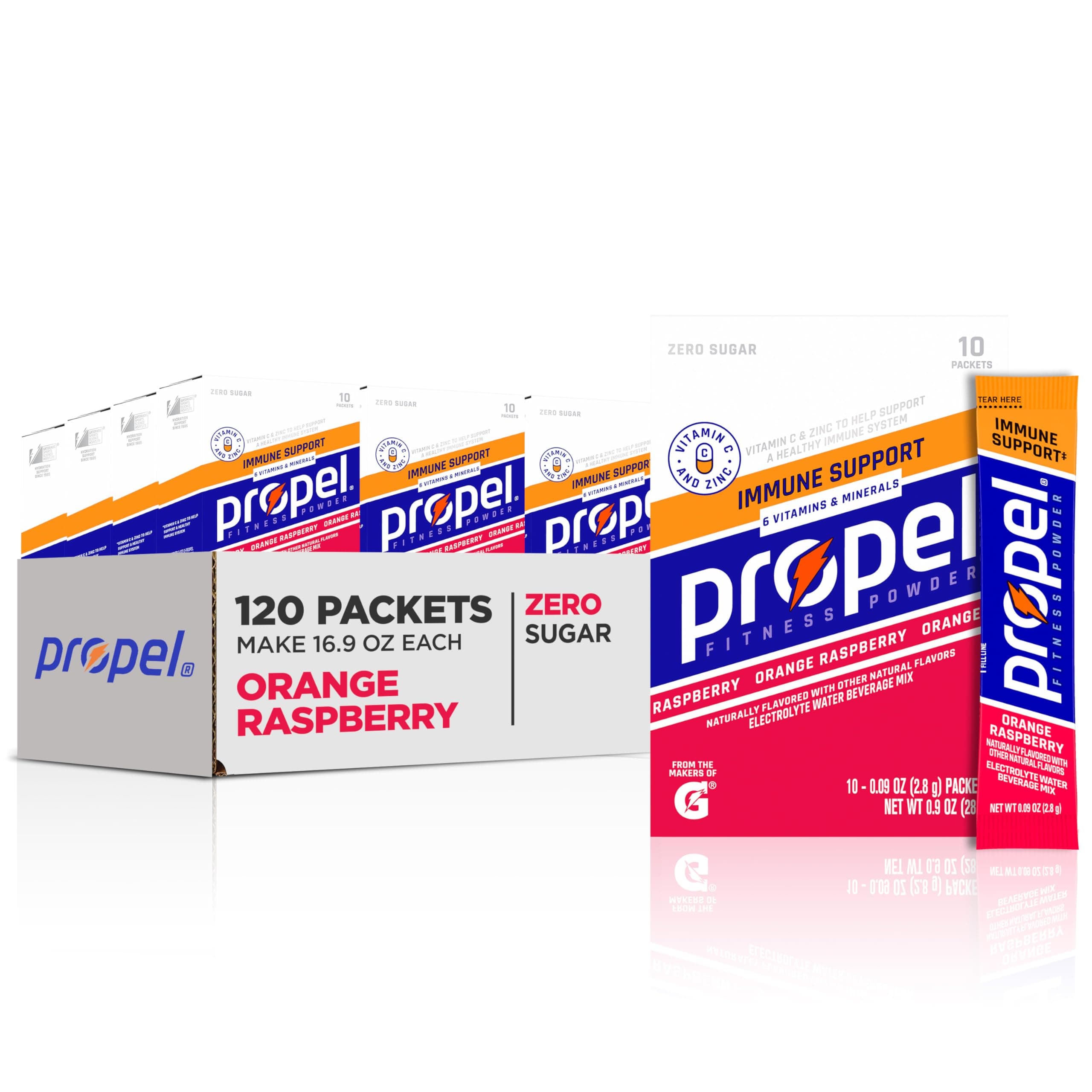 Propel Immune Support Electrolyte Enhanced Water Drink Mix Powder Packets, Orange Raspberry, 100% DV Vitamin C, Good source of Zinc, Zero Sugar Hydration with Electrolytes and Vitamins (120 Packets)