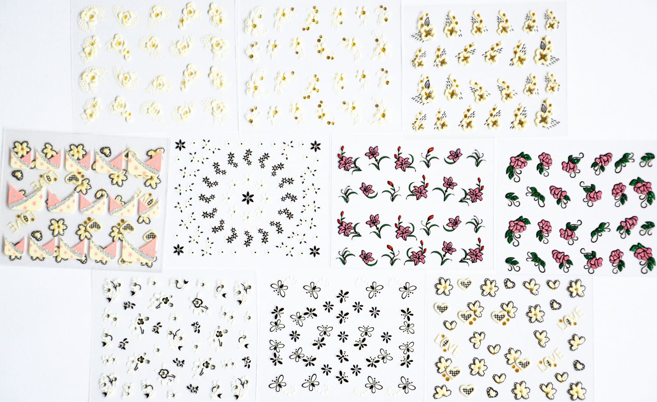 10pcs/package nail stickers decals multi mix designs including black flowers/white flowers with gold/heart/glitter flowers/French semi-paste nail stickers decals/etc.