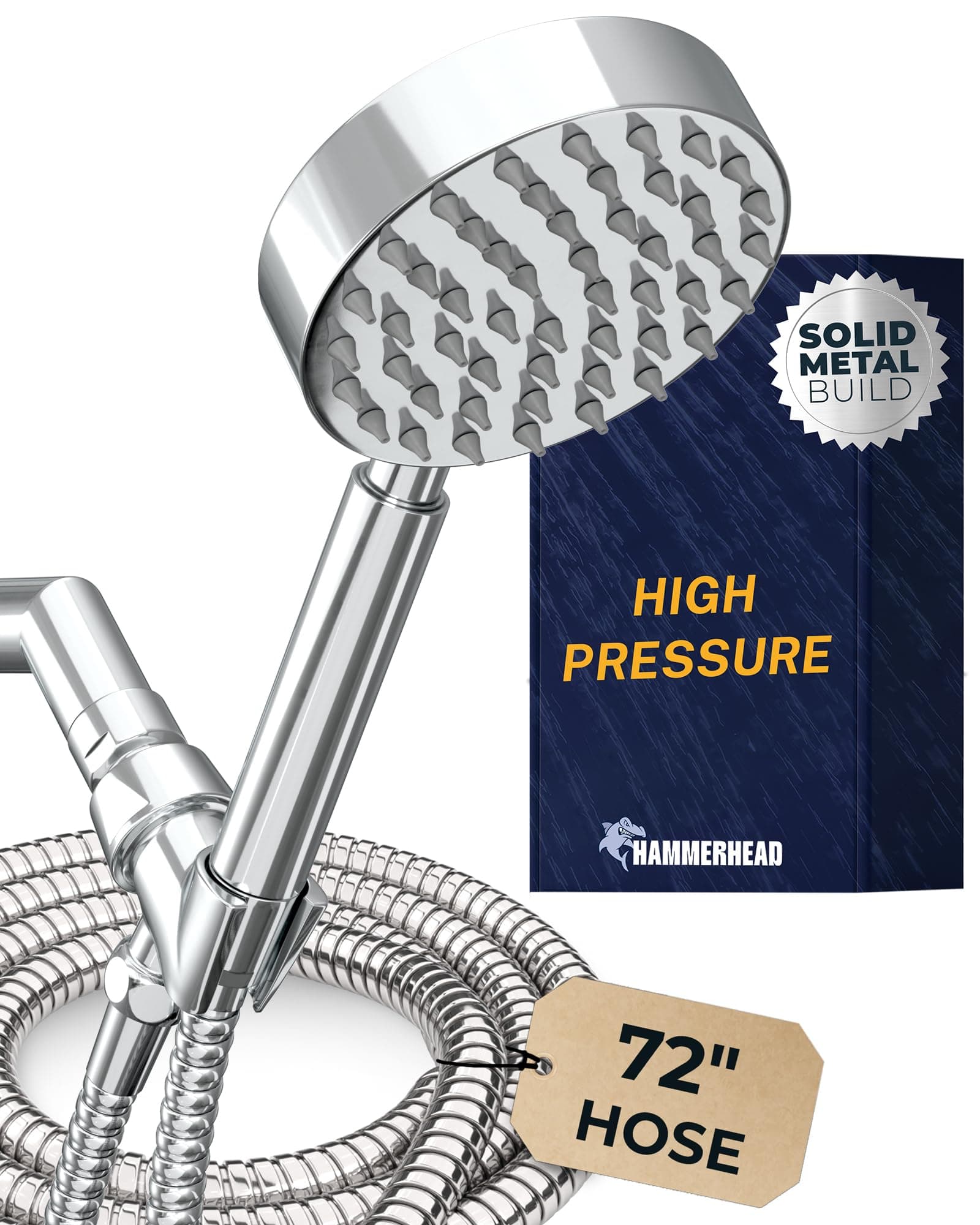 Solid Metal Handheld Shower Head with Hose and Brass Holder - CHROME - 2.5 GPM High Pressure Shower Heads with Adjustable Shower Wand Bracket - 6ft Flexible Extension