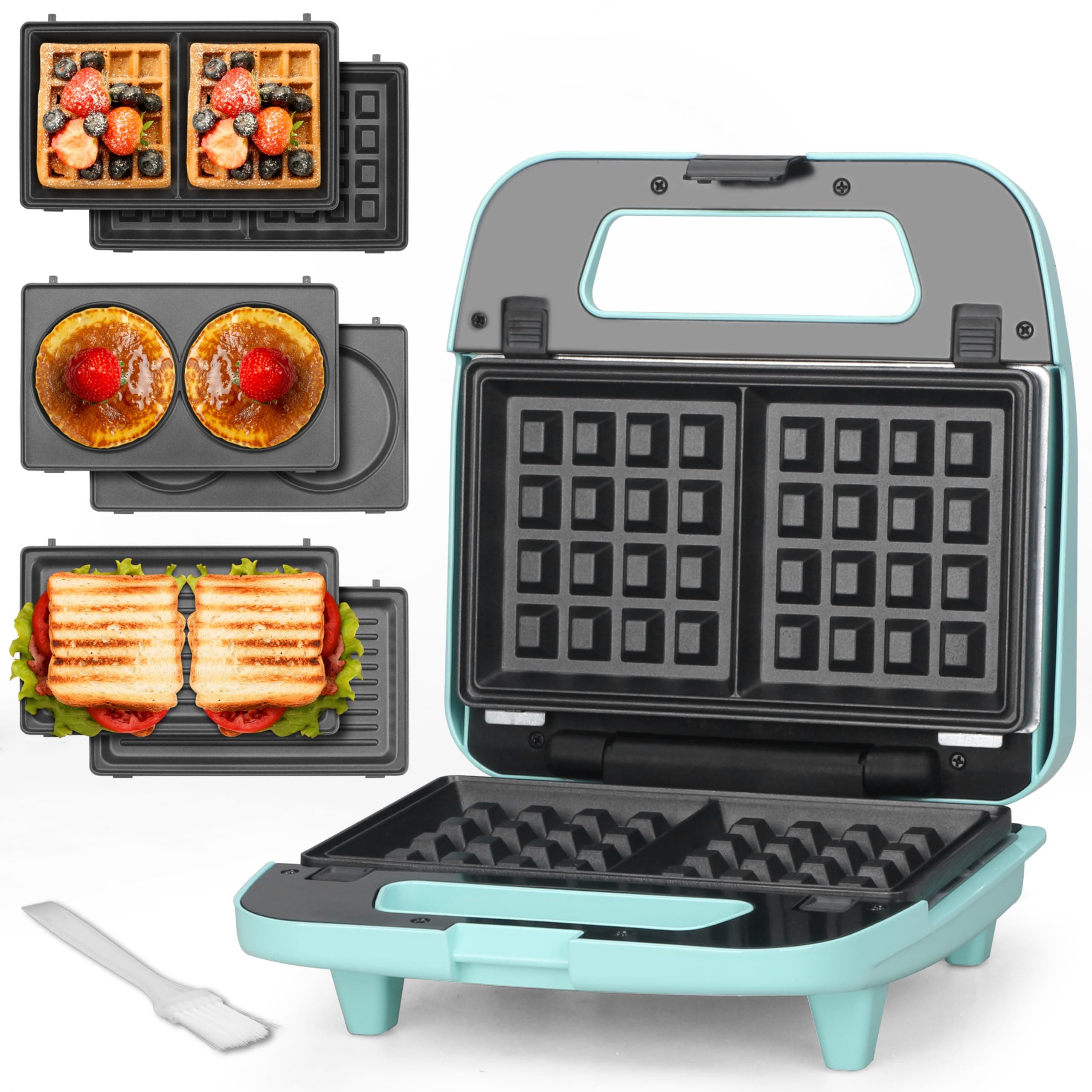 Baker’s Friend 3 in 1 Mini Waffle Maker with Removable Plates, Mini Pancake Maker, Grilled Cheese Maker, Breakfast Sandwich Maker Press, Indoor Grill, Belgian Waffle Maker, Aqua