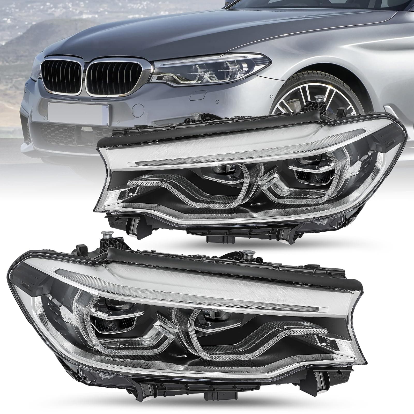 JSBOYAT Full LED Headlight Compatible With 2017-2020 BMW 5 Series G30 G31 M5 540i 530i w/LED DRL, Factory Adaptive Headlamp Replacement (Passenger and Driver Side)