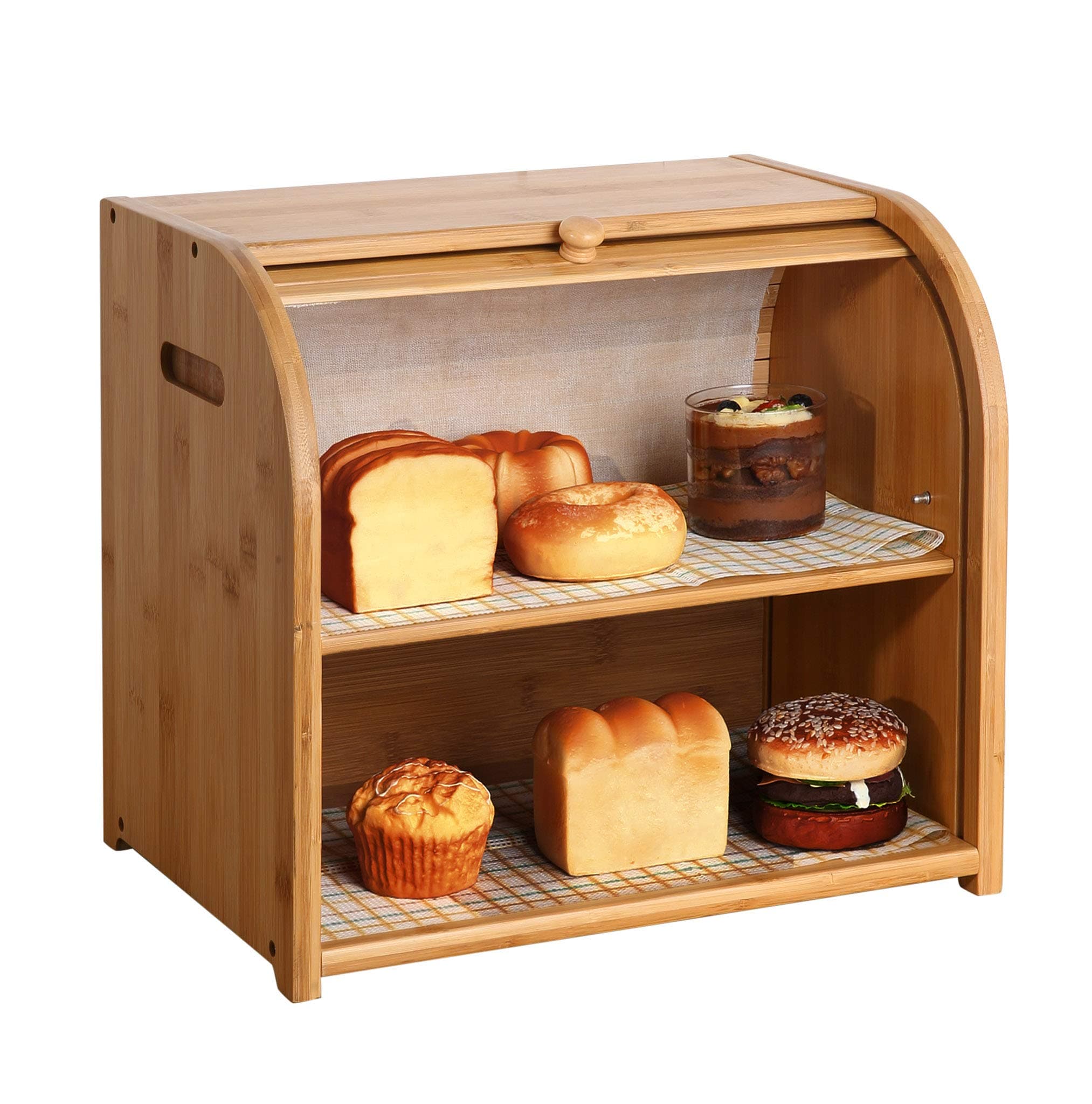 HYNAWINBamboo 2 tier Bread Box- Kitchen Food Storage Bin display Countertop Shelf, Space Saving Bread Keeper with Adjustable Shelf, Wooden Large Capacity Holder Easy Assembled