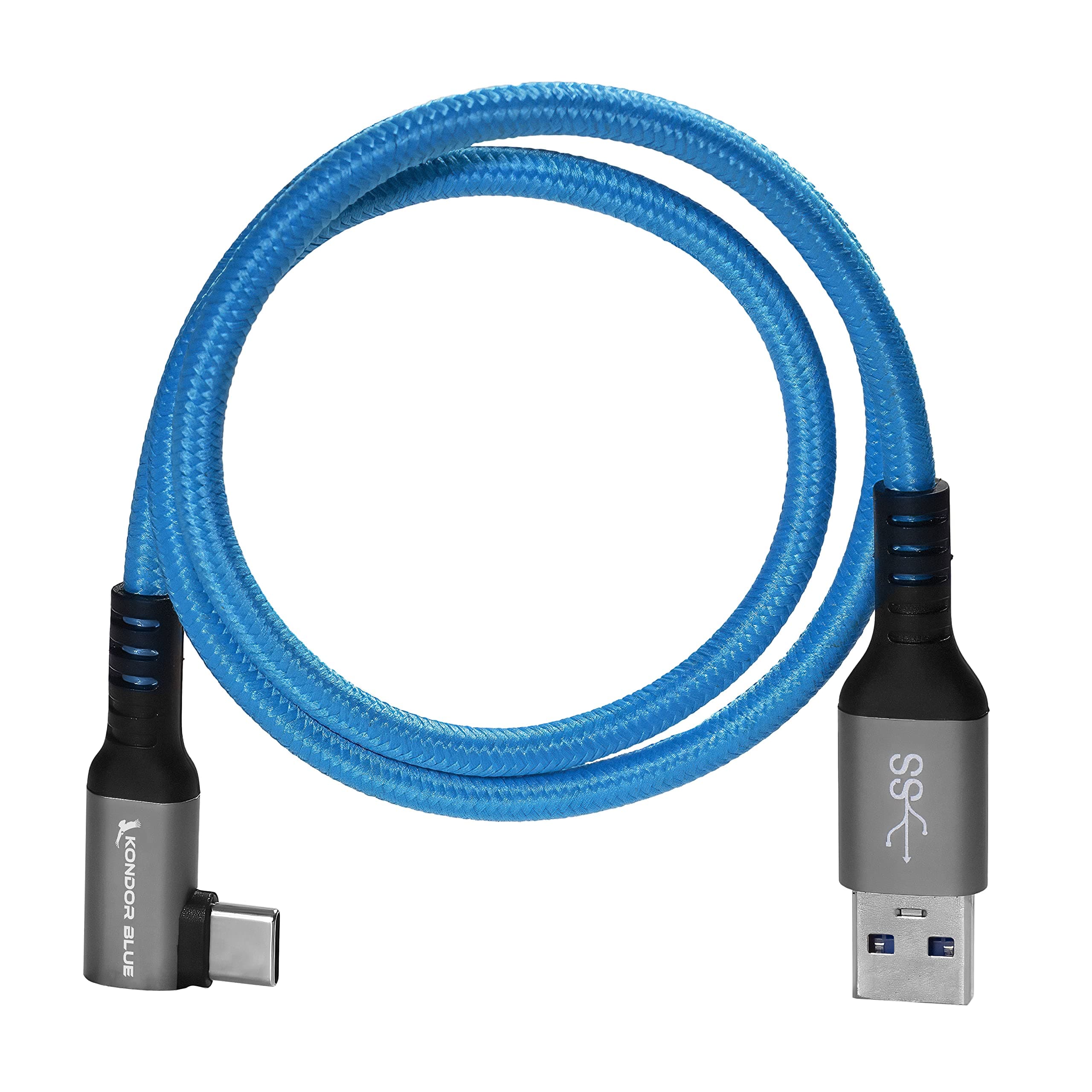 KONDOR BLUE | USB-A to USB-C 3.0 Right Angle High Speed Data and Charging Cable 3A 60W 5G | 2FT Ultra-Durable, & Nylon Braided with Reinforced Metal Connectors | Blue
