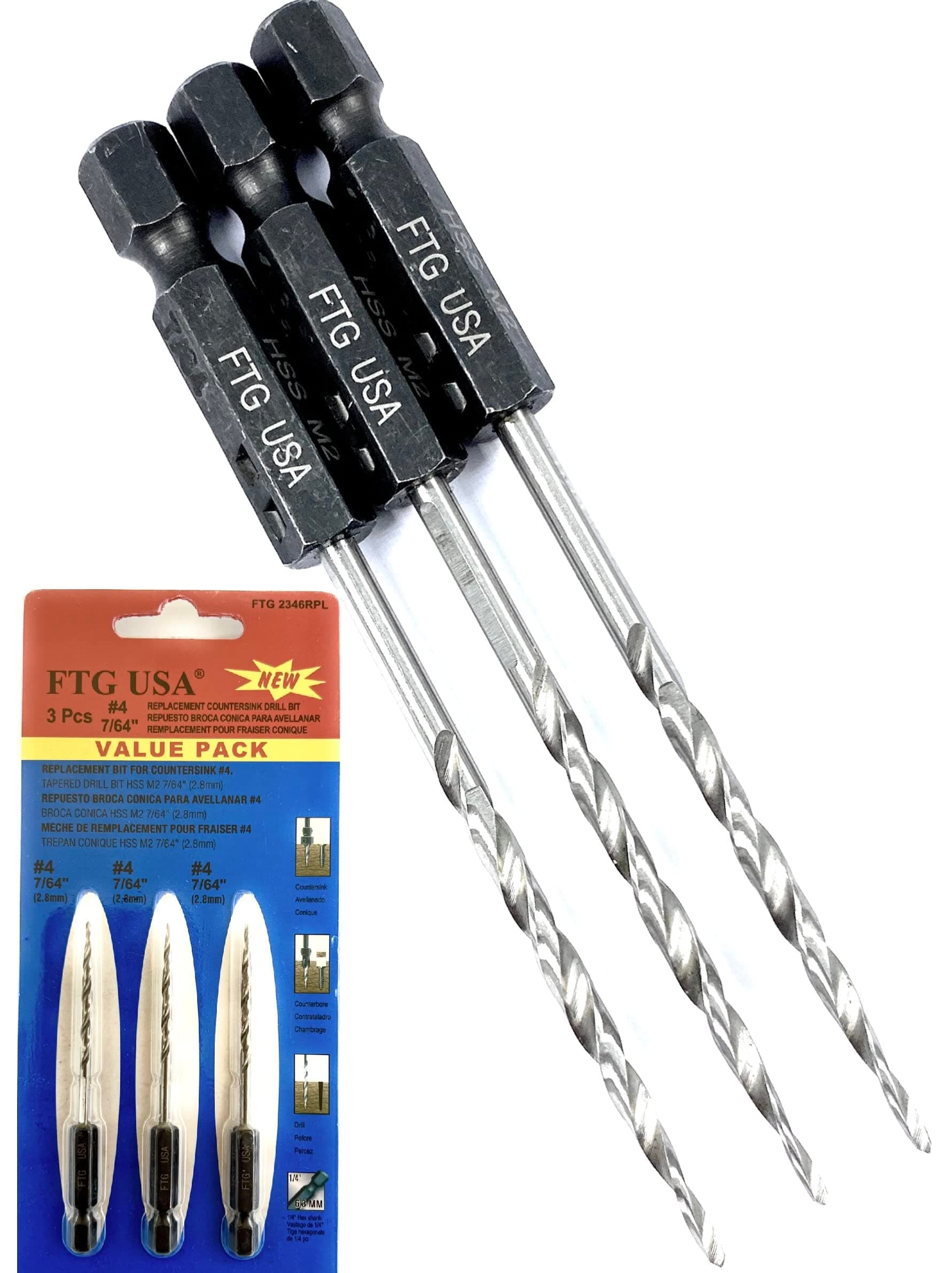 FTG USA 3 Pc #4 (7/64") Replacement Tapered Countersink Drill Bit Set All Same Size Countersink Bit Replacement Only