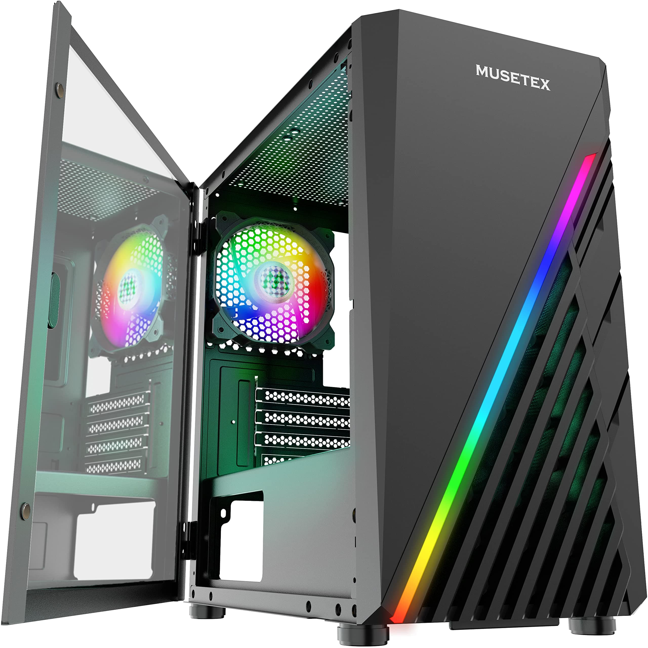 MUSETEX MATX (Micro-ATX) PC Case Mid Tower with LED and ARGB Fan, Computer Gaming Case, Opening Tempered Glass Desktop Case for Micro-ATX/Mini ITX, Black, DT-N1