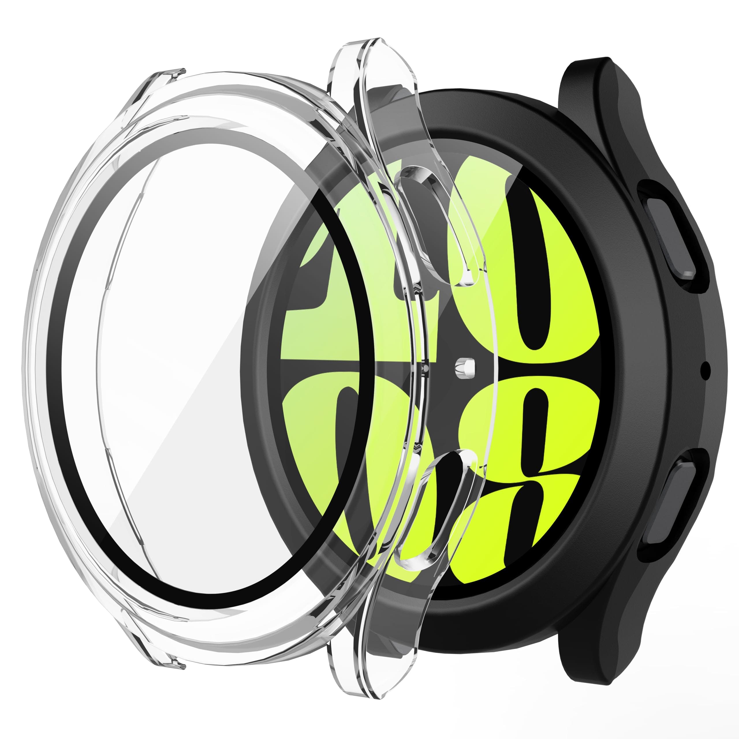 Misxi 2-Pack Hard PC Screen Protector Case with Tempered Glass, Compatible for Samsung Galaxy Watch 6 44mm, Ultra-Thin Scratch Resistant Anti-Slip Cover for Galaxy Watch6, 1 Black + 1 Transparent