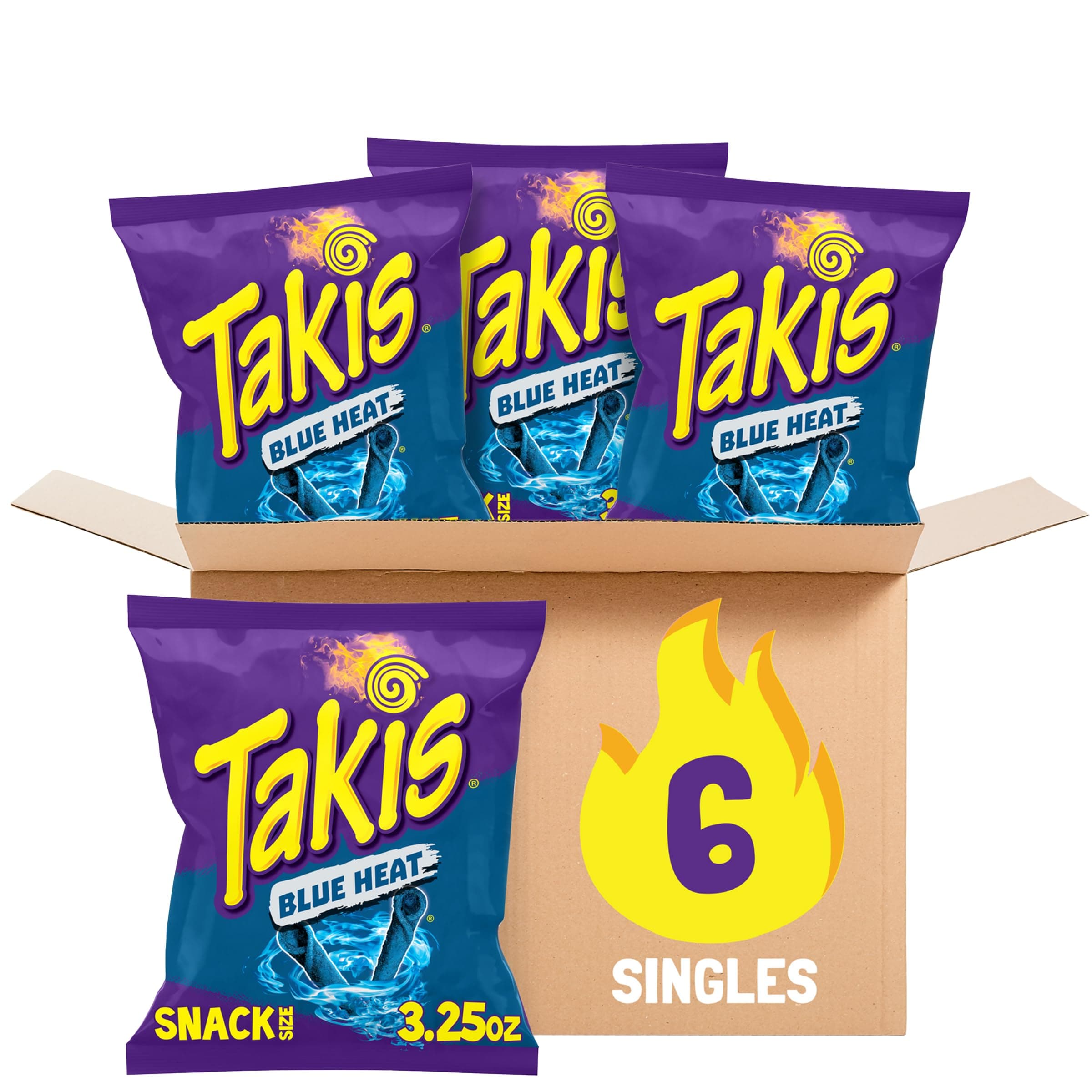 Takis Blue Heat 6 pc / 3.25 oz Snack Size Case, Hot Chili Pepper Flavored Extreme Spicy Rolled Tortilla Chips