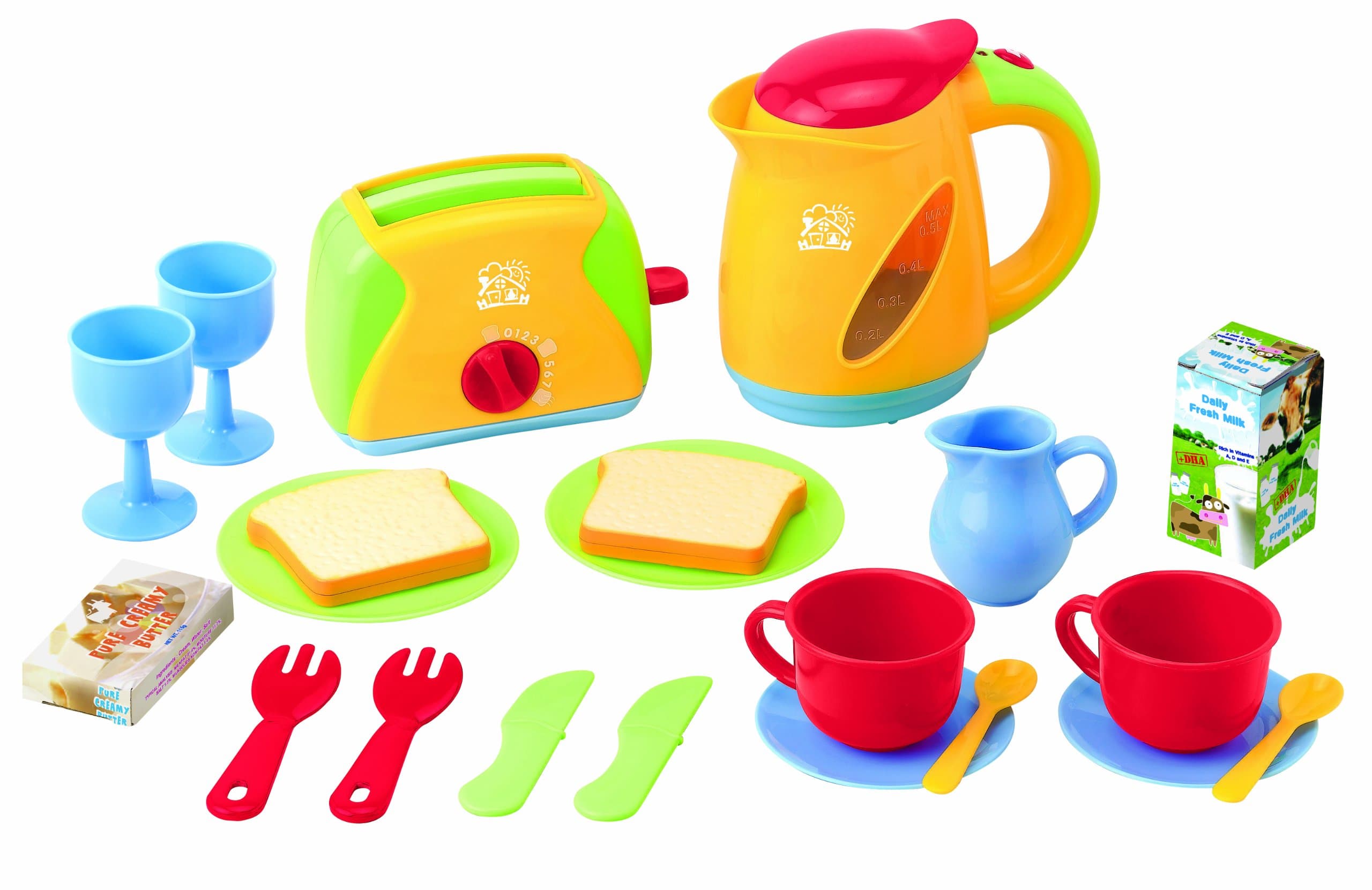 PLAY21-Pcs Breakfast Playset | Tea Maker & Toast Maker | Realistic Plastic Toy Cutlery Tea Set Toy | Kids Play Kitchen Accessories Cooking Set | Pretend Play Kids Cooking Serving Dishes - 2.2 Pounds