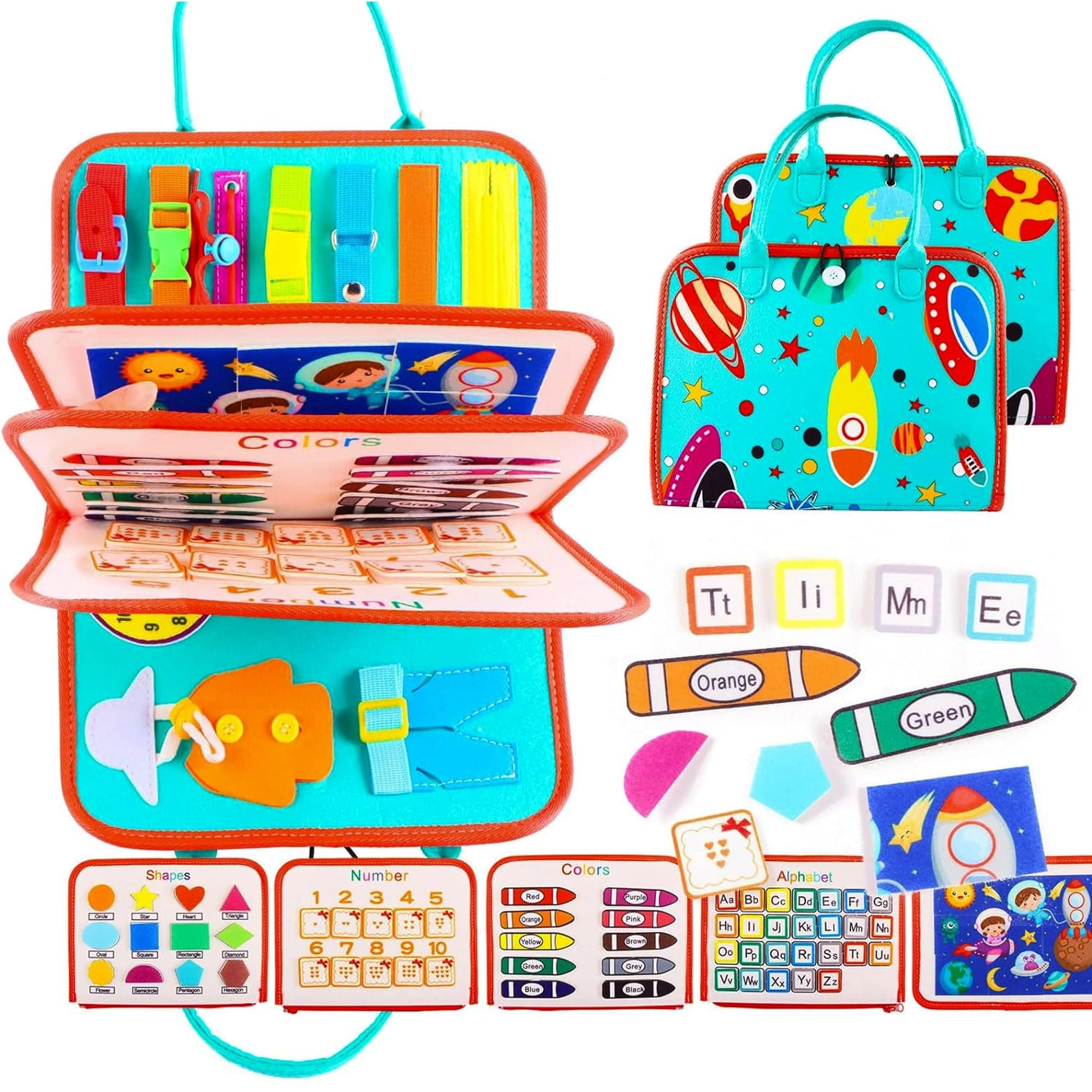 Montessori Busy Board Toy to Develop Basic Skills, Educational Sensory Busy Book for Toddlers Travel Toys for Airplane Car Aged 1+ Kids, Activity Parents Kids Travelling Toys, Multicolor