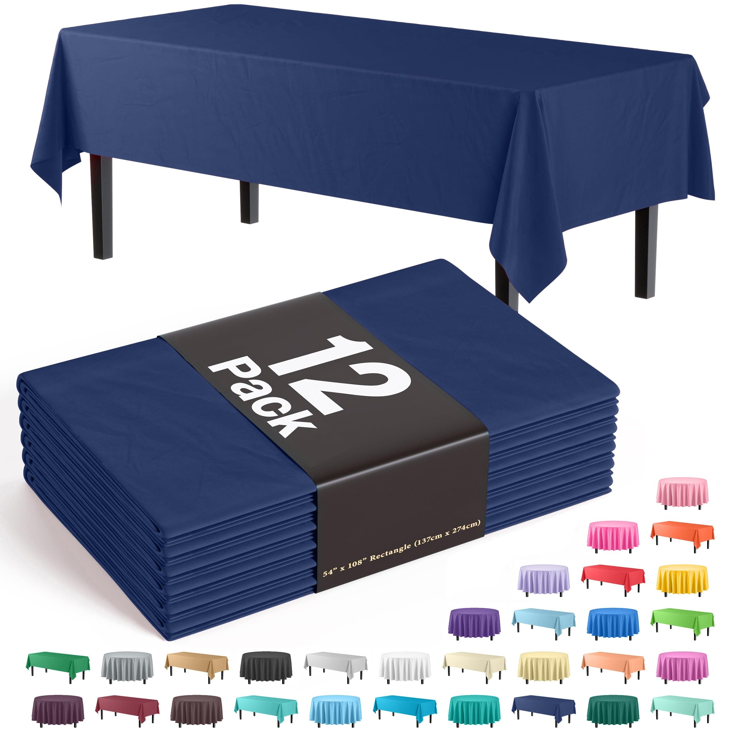 Party Solids 12-Pack Premium Plastic 54in. x 108in. Rectangle Table Cover - Navy Blue
