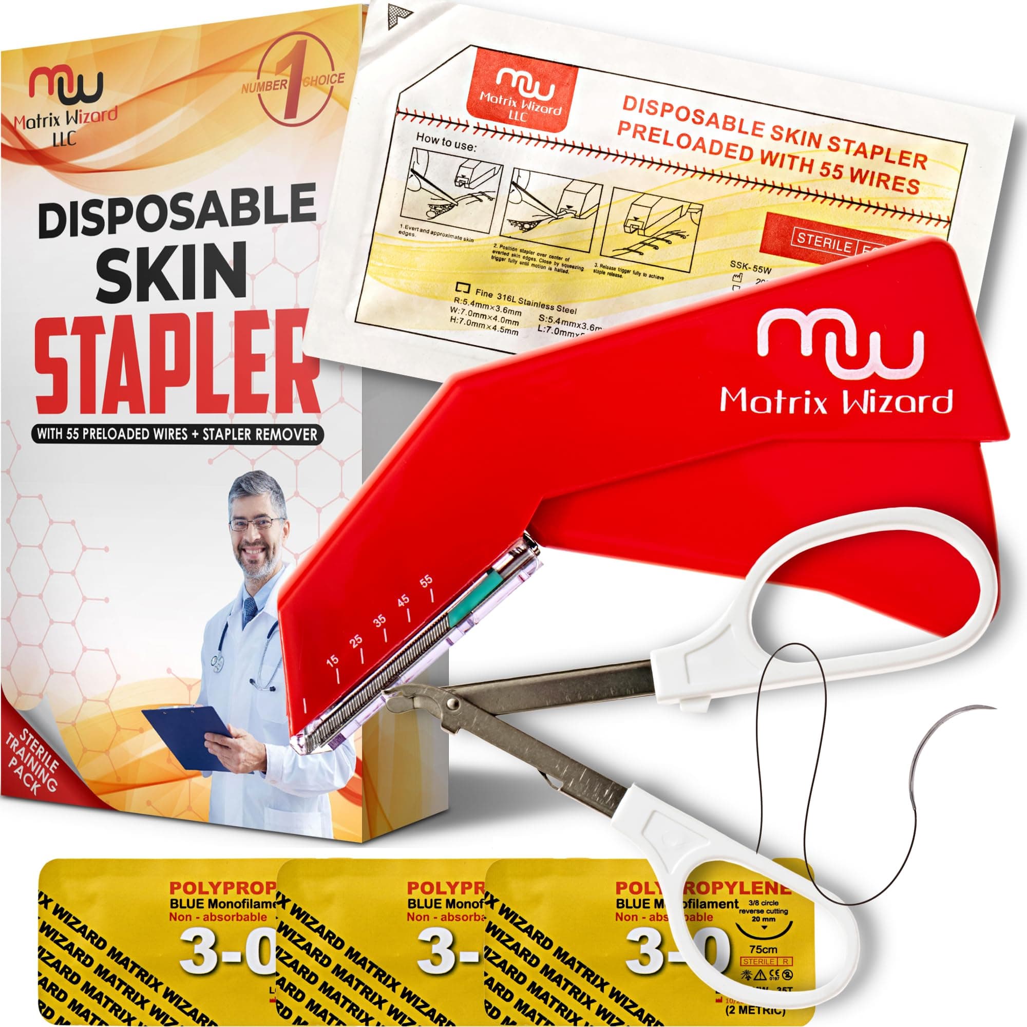 Sterile Suture Thread with Needle Plus Disposable Preloaded 55 Wire Stapler Tool - Medics, EMT, Nursing First Aid Surgical Suture Practice Kit; Wound Training Set; Vet Use